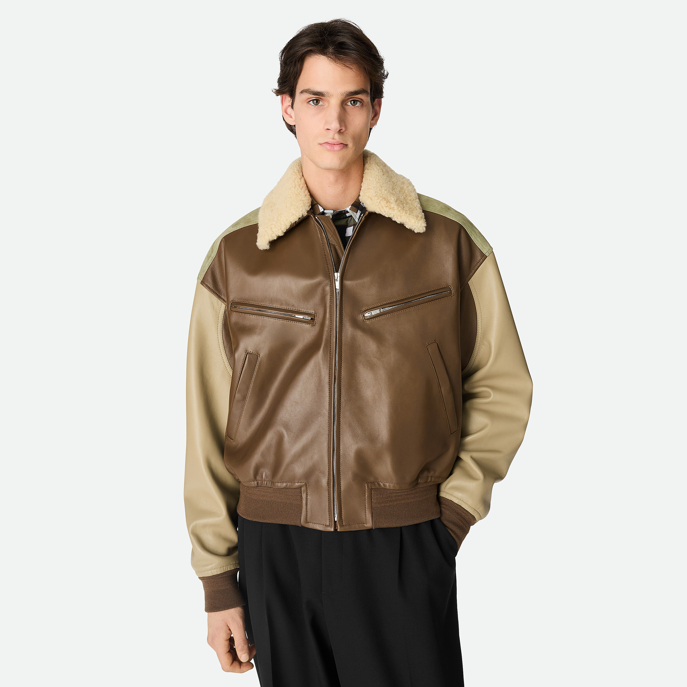 NIGO Bottega Veneta Men's Soft Leather Removable Lambswool Collar Spring And Autumn Color-Block Zipper Long-Sleeved Nappa Blouson Leather Jacket Ngvp #nigo2126