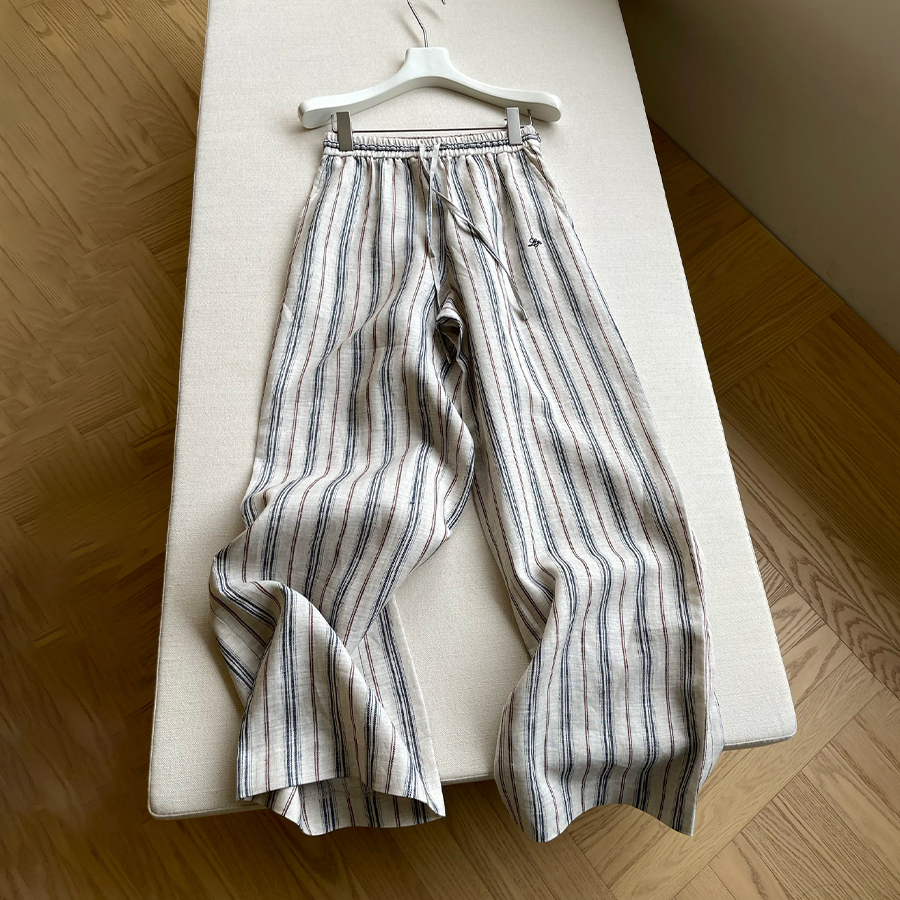 NIGO Loro Piana Women's Retro Striped Jacquard Elastic Waist Drawstring Loose Linen Wide Leg Pants Spring, Summer, And Fall Casual Long Pants Ngvp #nigo2128