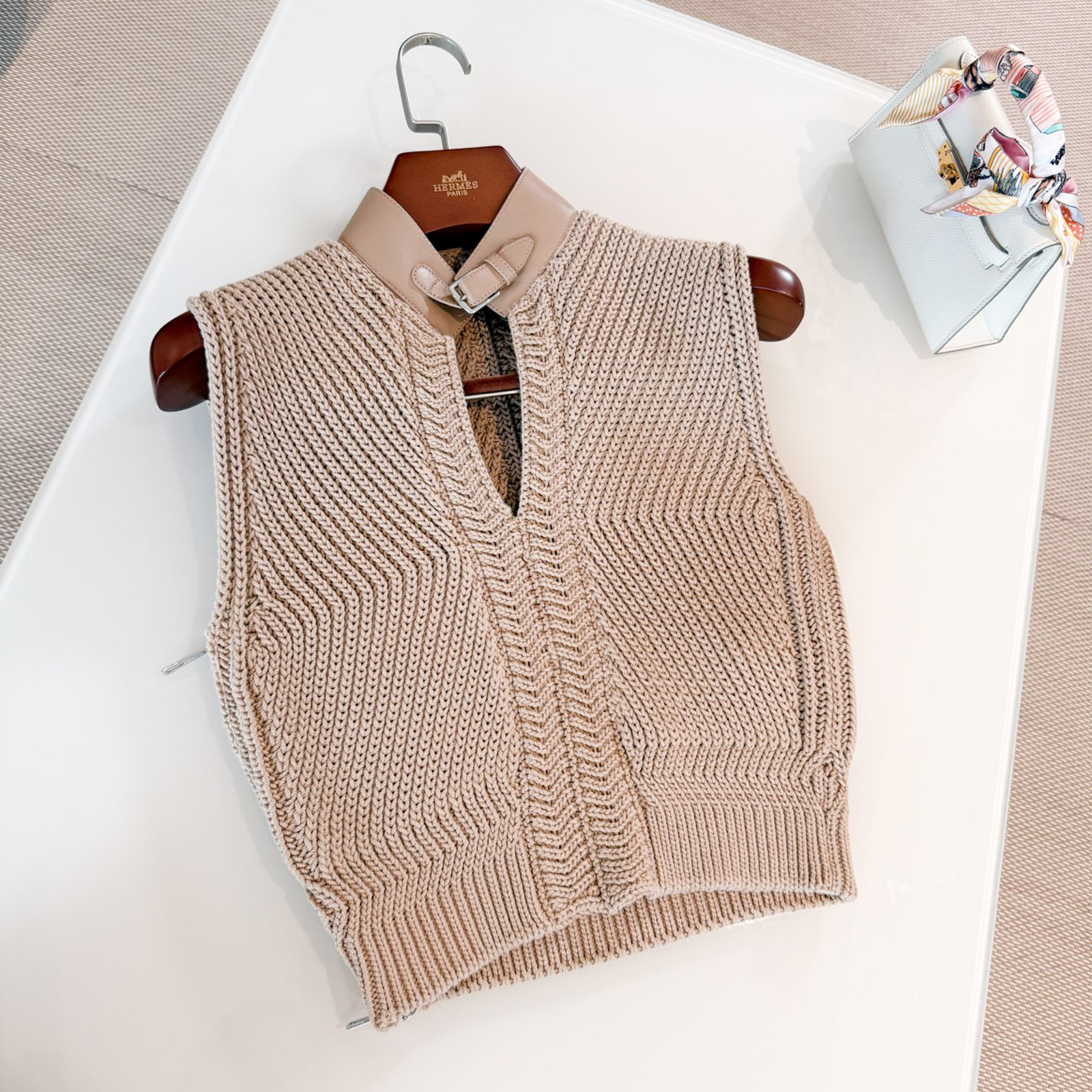 NIGO Hermes Women's Spring And Autumn Patchwork Leather Half-High Neck Cotton Knitted Plain Sleeveless Top Vest Ngvp #nigo2132