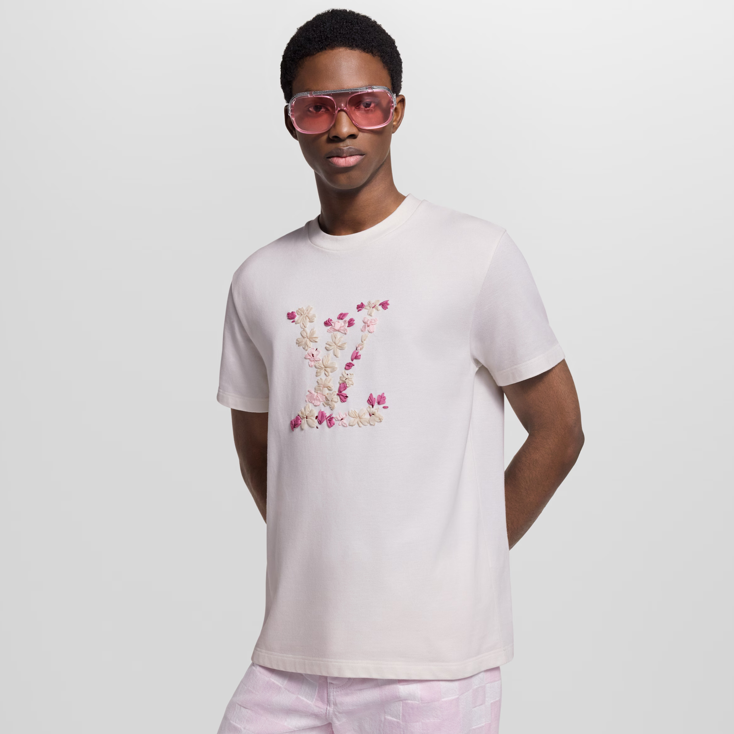 NIGO Louis Vuitton x Nigo Men's Floral Embroidered Round Neck Cotton Solid Color Summer Straight Short Sleeve T-Shirt #nigo81353