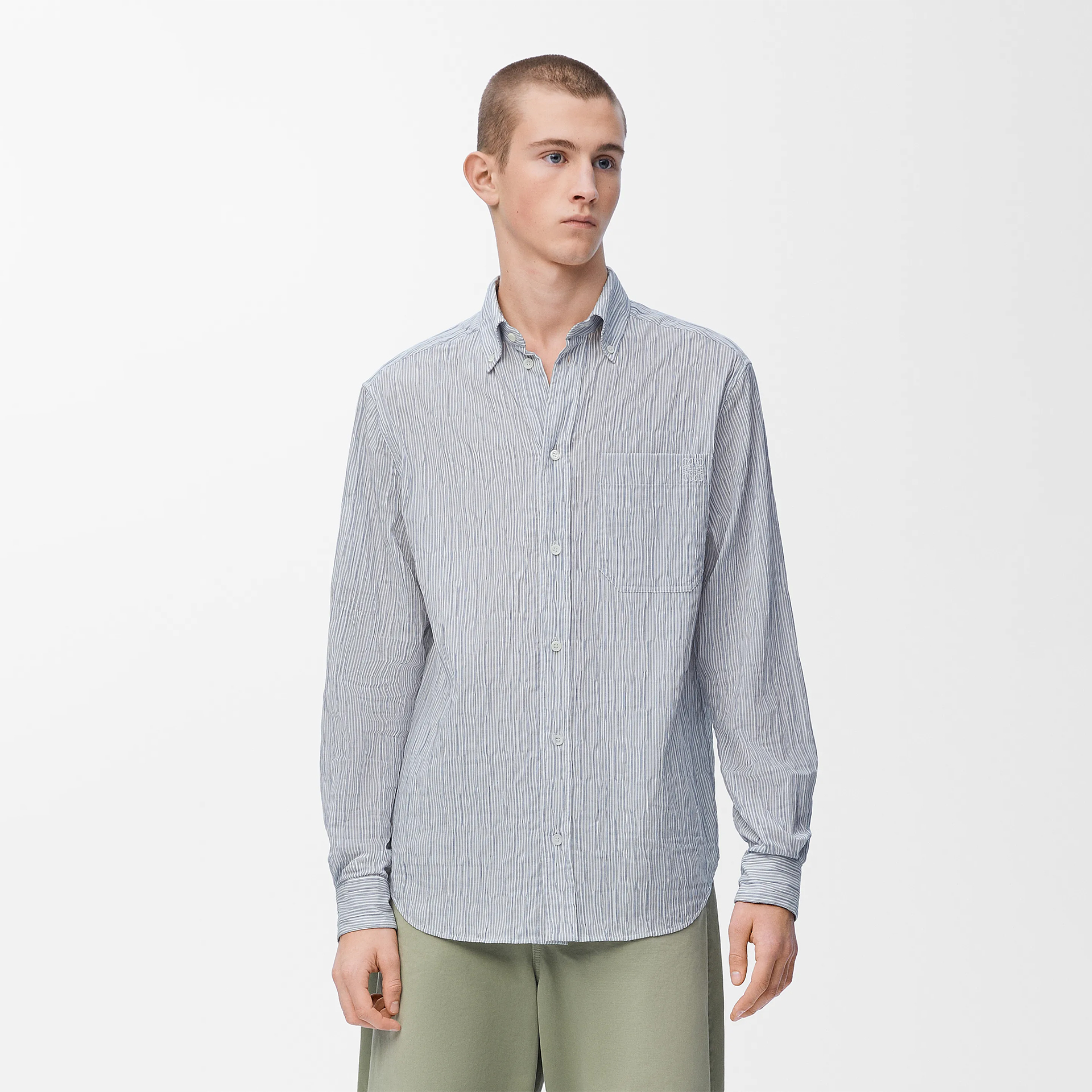 NIGO Loewe Men's Spring/Autumn Striped Wavy Texture Embroidered Solid Color Cotton Blend Solid Color Long Sleeve Shirt #nigo81463
