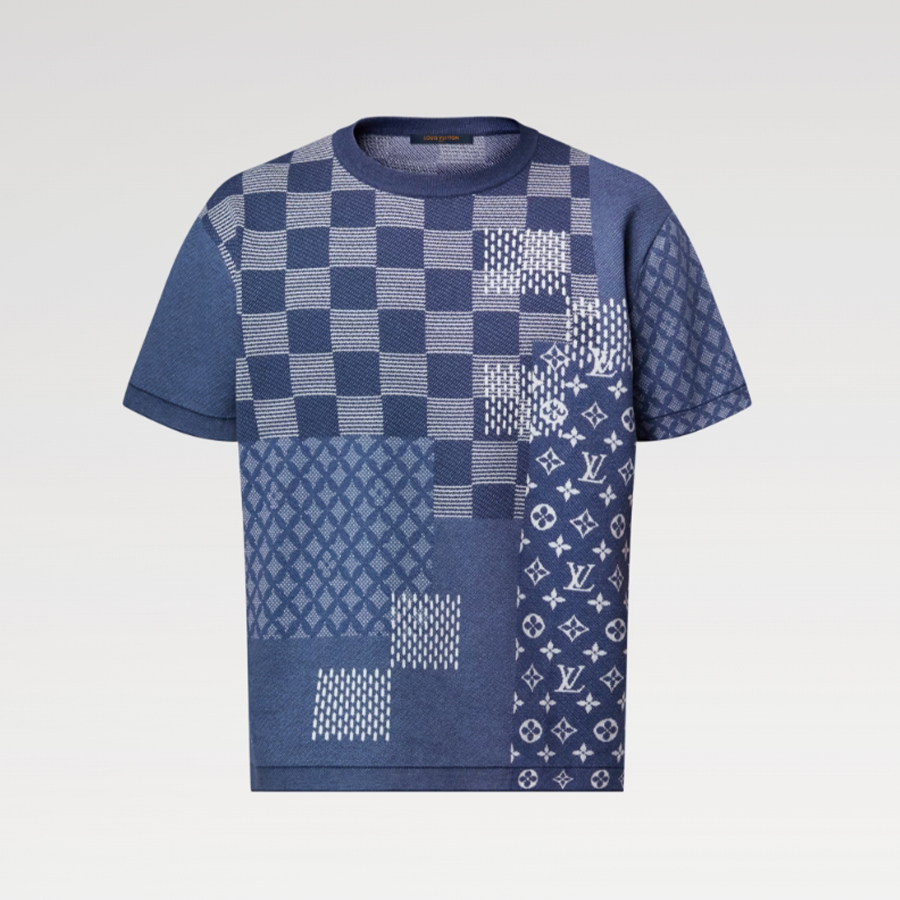 NIGO Louis Vuitton x Nigo Men's Letter Print Plaid Knit Summer Crew Neck Short Sleeve Solid Color T-Shirt #nigo81354