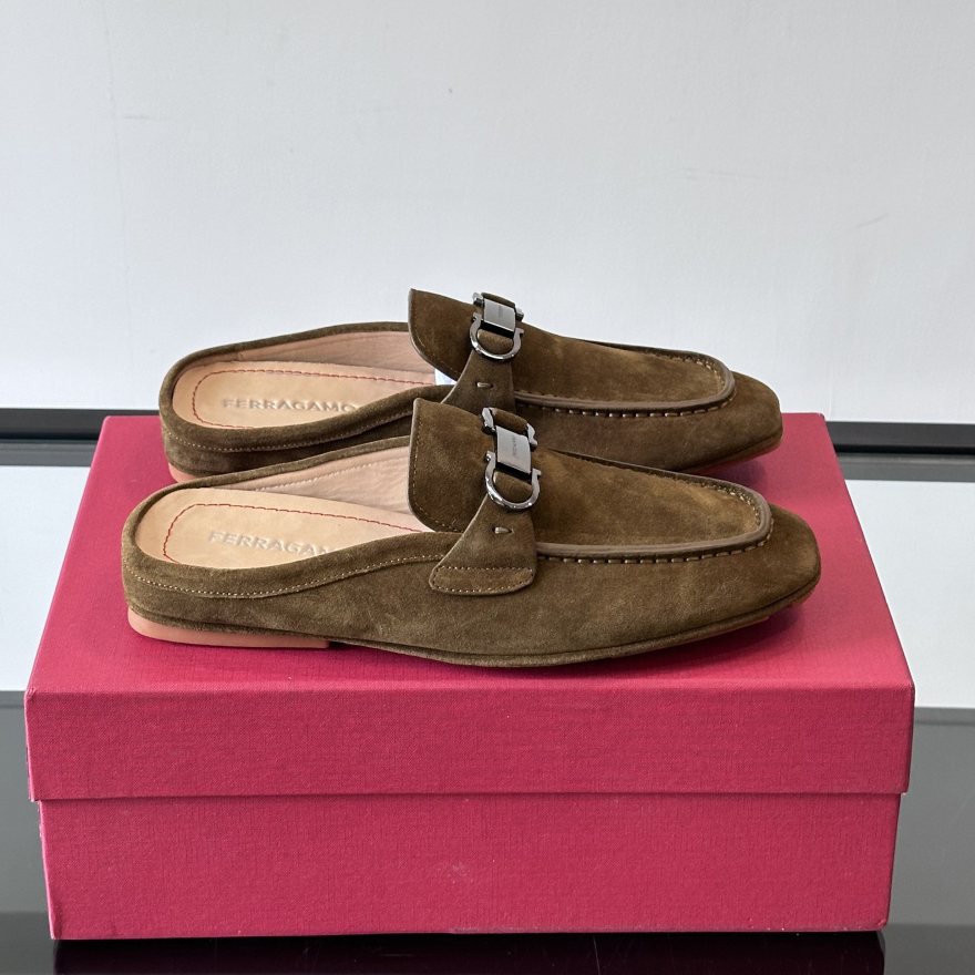 NIGO Ferragamo Men's Spring/Fall Solid Color Classic Calfskin Round Toe Open Back Mule Shoes #nigo78195