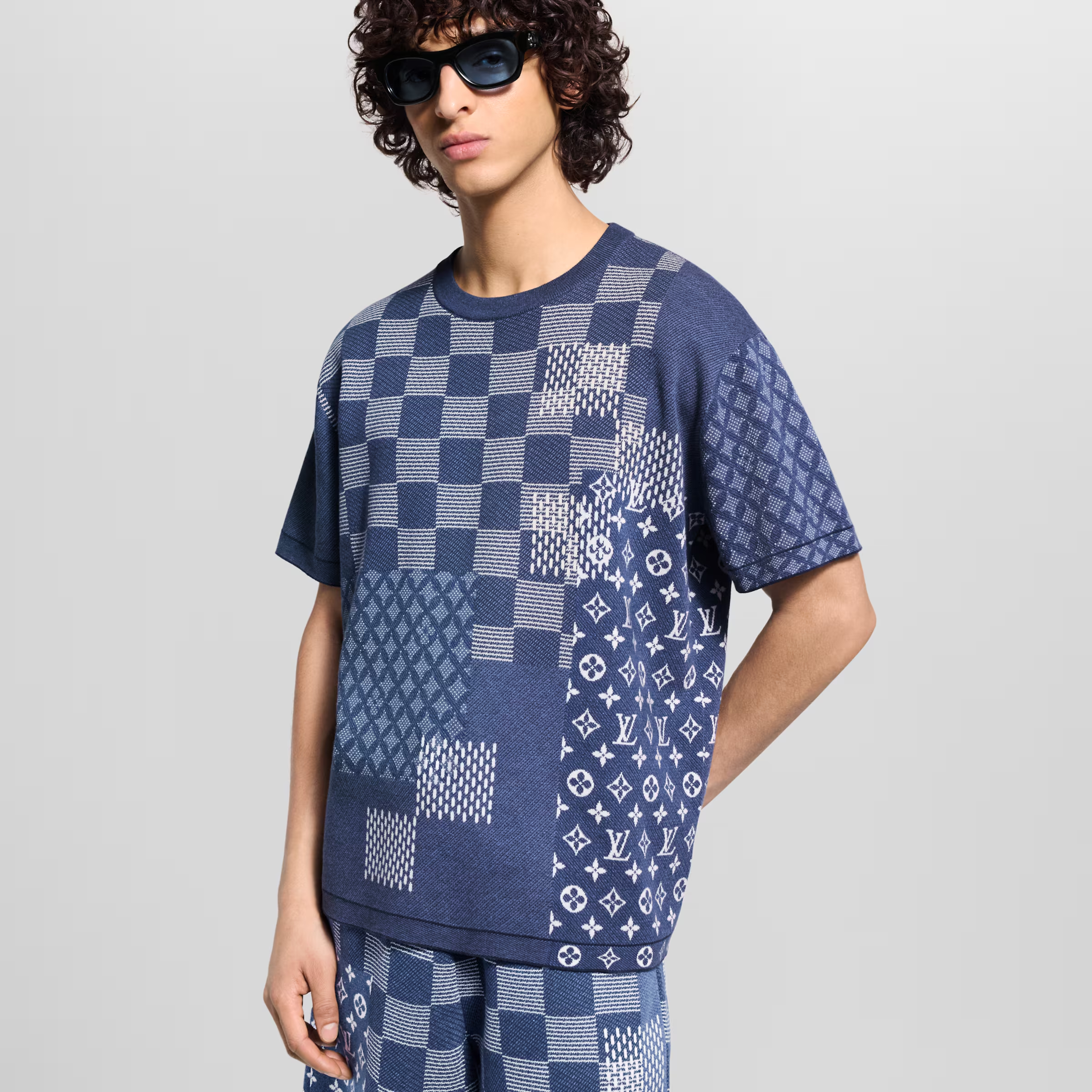 NIGO Louis Vuitton x Nigo Men's Letter Print Plaid Knit Summer Crew Neck Short Sleeve Solid Color T-Shirt #nigo81354