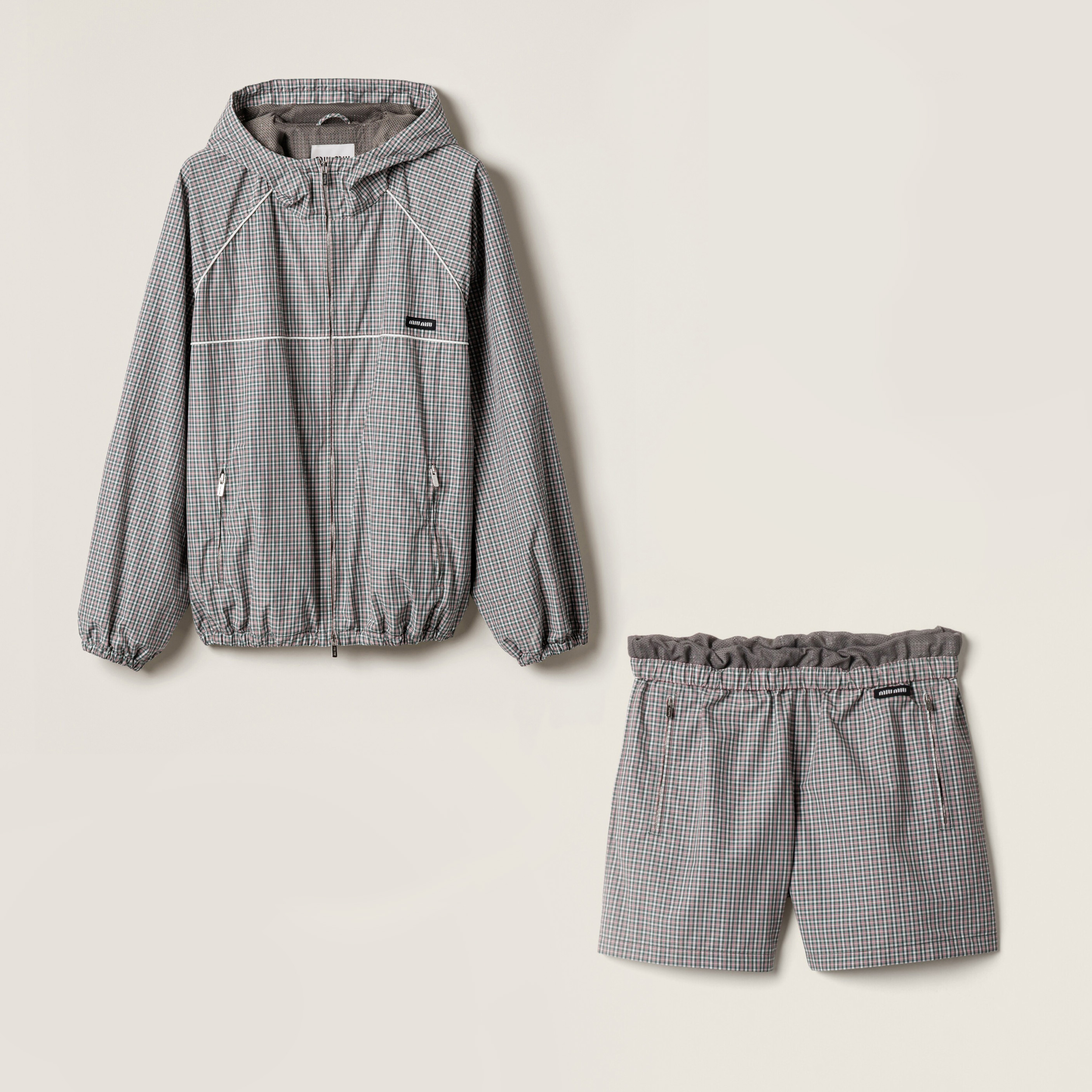 NIGO MiuMiu Women's Spring/Summer Fashion Casual Checkered Tech Fabric Hooded Zipper Elastic Waist Long Sleeve Drawstring Jacket And Shorts Set #nigo78224