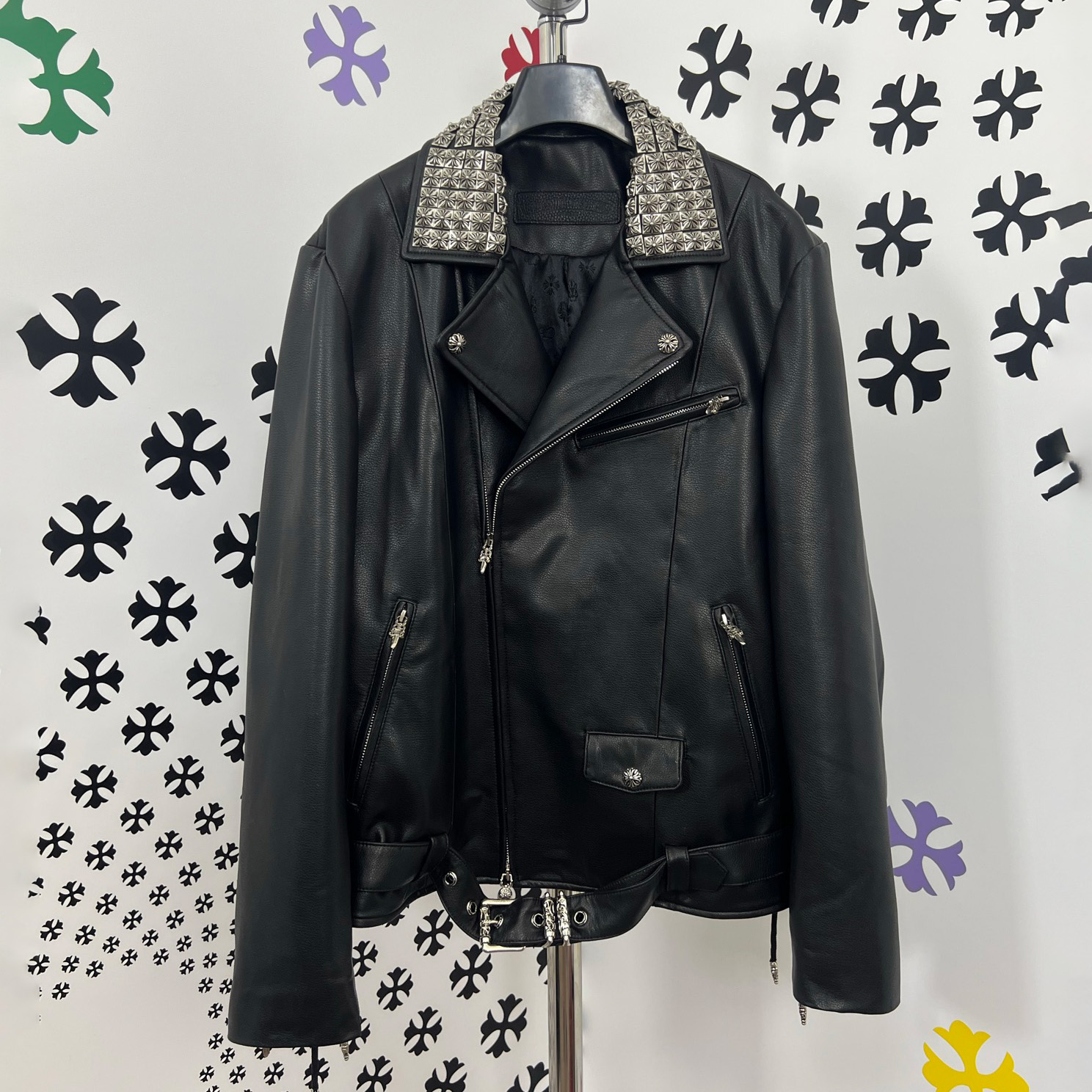 NIGO Chrome Hearts Men's Solid Color Autumn/Winter Classic Fashion Collar Zipper Multi Pocket Long Sleeve Leather Jacket #nigo78223