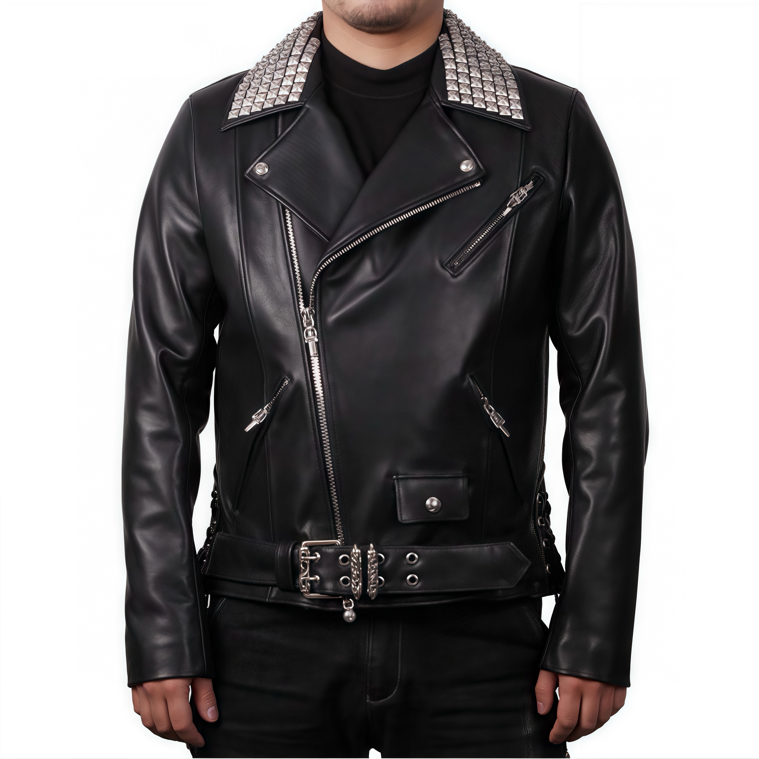 NIGO Chrome Hearts Men's Solid Color Autumn/Winter Classic Fashion Collar Zipper Multi Pocket Long Sleeve Leather Jacket #nigo78223
