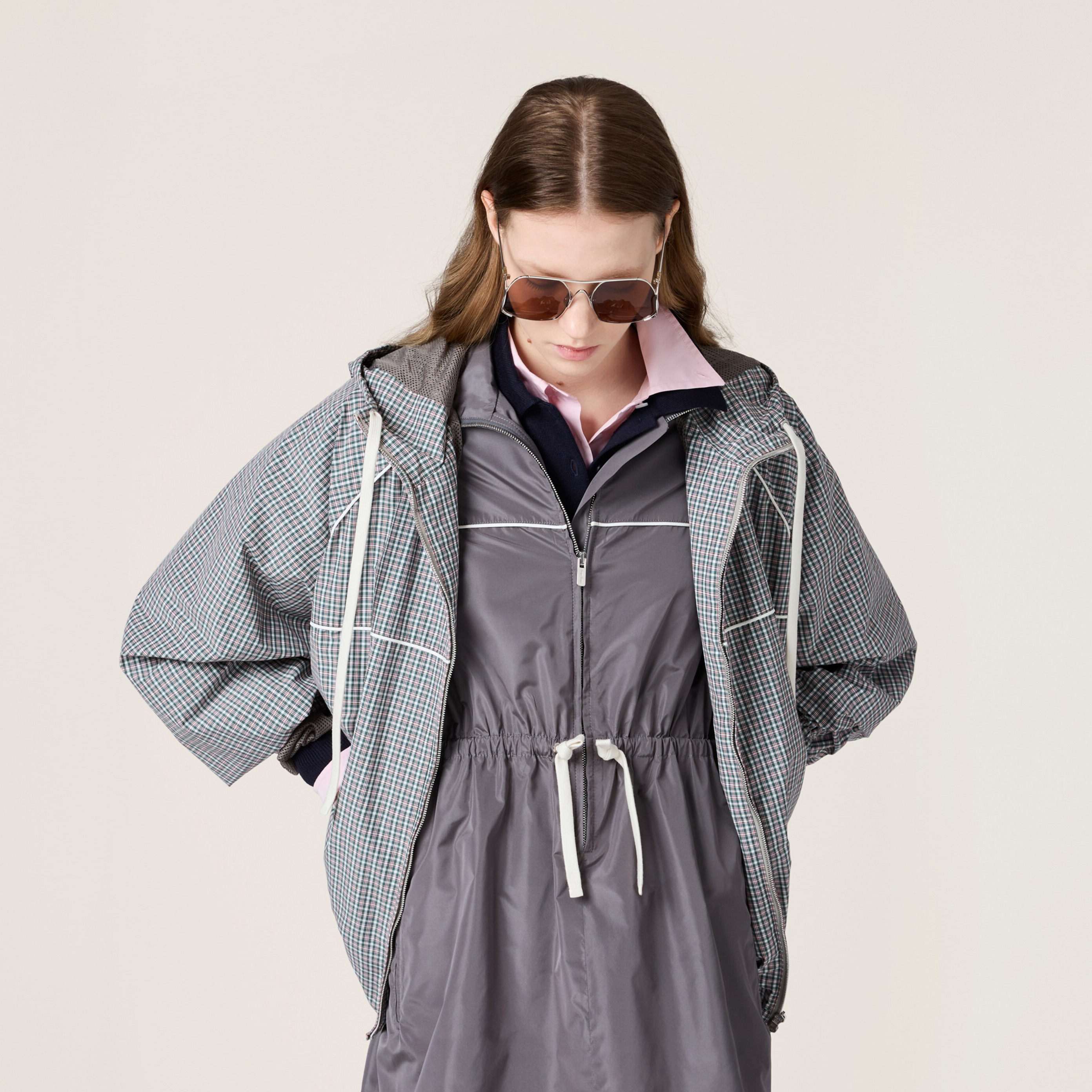 NIGO MiuMiu Women's Spring/Summer Fashion Casual Checkered Tech Fabric Hooded Zipper Elastic Waist Long Sleeve Drawstring Jacket And Shorts Set #nigo78224