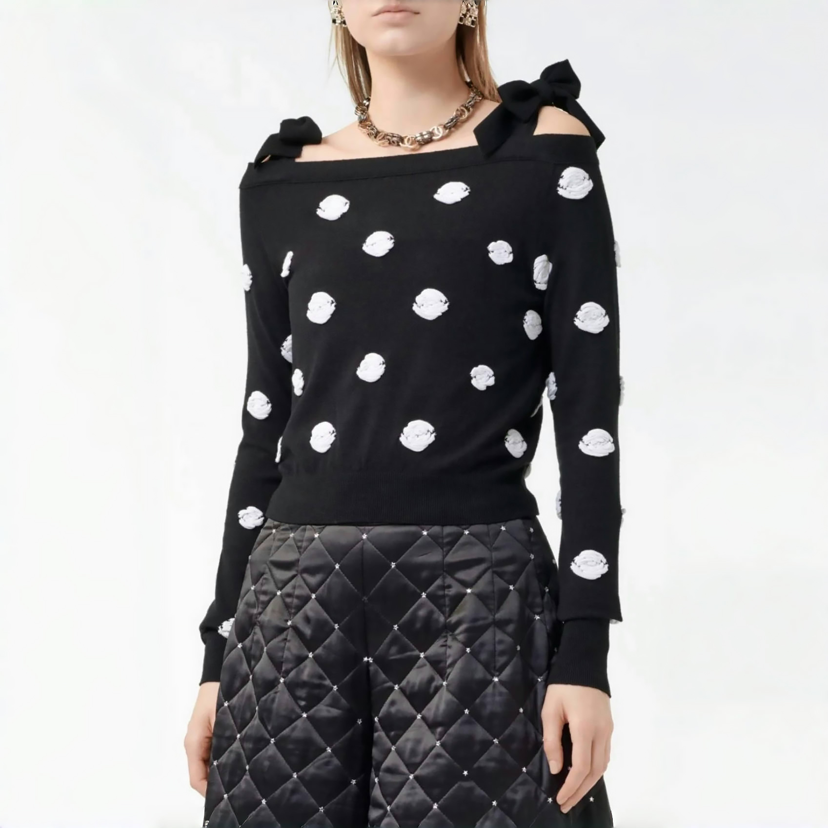 NIGO Chanel Women's Camellia Autumn/Winter Round Neck Pullover Bubble Sleeve Wool Blend Off-the-Shoulder Knitted Sweater Ngvp #nigo2146