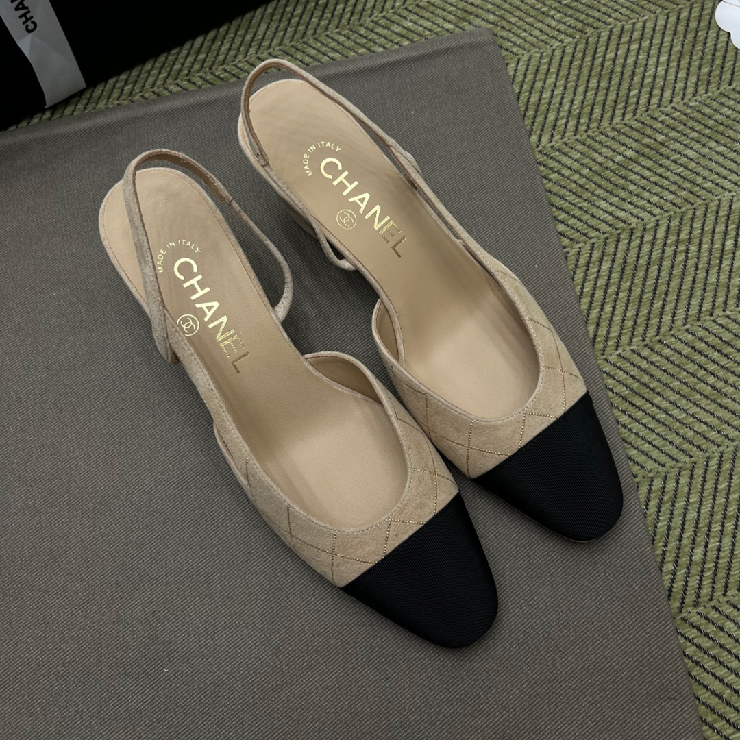 NIGO Chanel Women's Checkered Rhinestone Suede Cowhide Solid Color Chunky Heel High Heel Sandals Slingbacks Flat Shoes Spring, Summer, And Fall Casual Shoes Ngvp #nigo2143