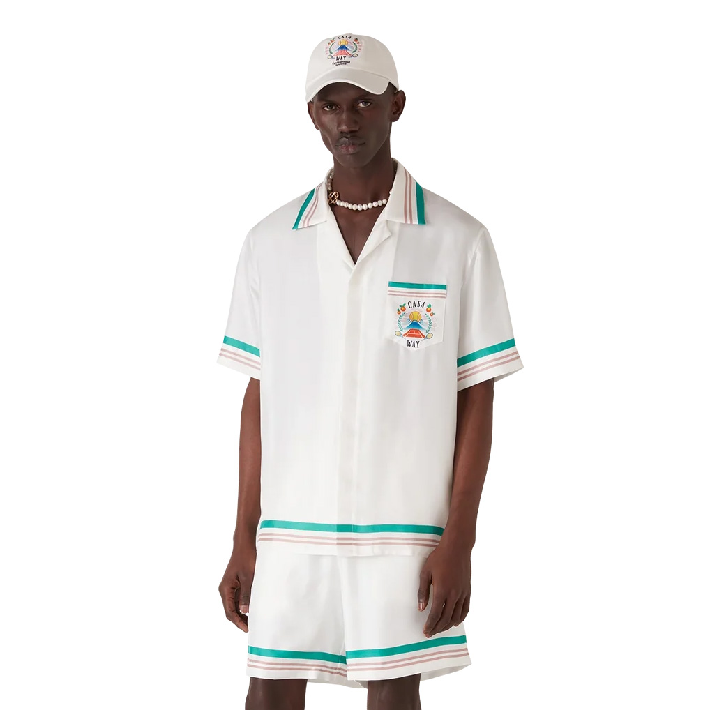 NIGO Casablanca Men's And Women's Summer Fashion Casual Cherry Blossom Pattern Silk Striped Collared Short Sleeved Shirt And Elastic Striped Shorts Set #nigo78235