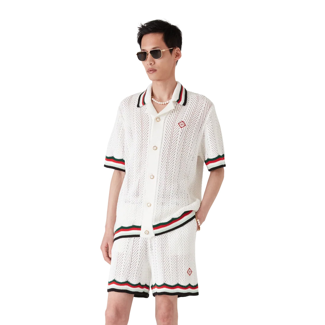 NIGO Casablanca Men's Summer Casual Solid Color Cotton Cloud Embroidery Knitted Sweater Shirt Logo Embroidery Striped Short Sleeve Shorts Set #nigo78234