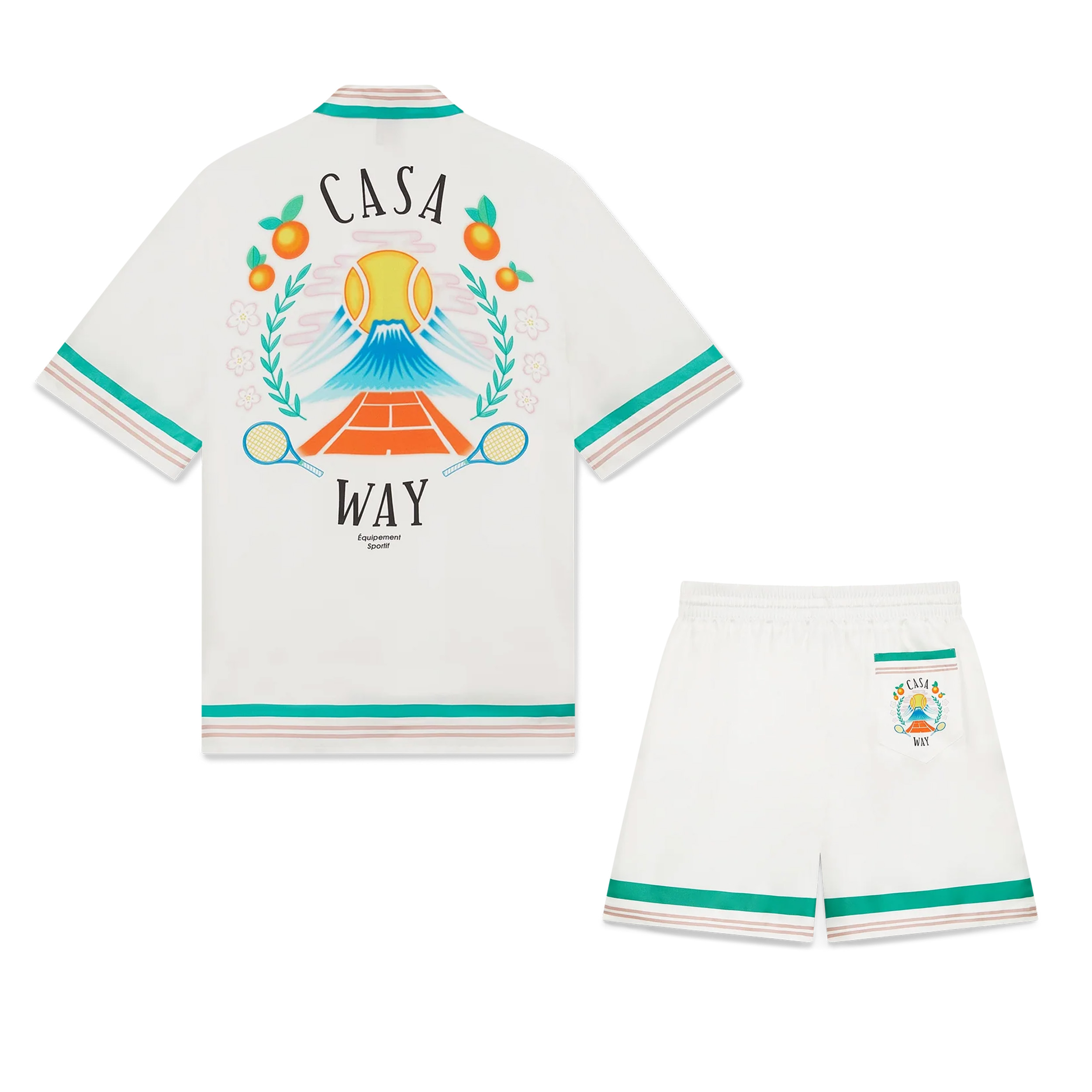 NIGO Casablanca Men's And Women's Summer Fashion Casual Cherry Blossom Pattern Silk Striped Collared Short Sleeved Shirt And Elastic Striped Shorts Set #nigo78235