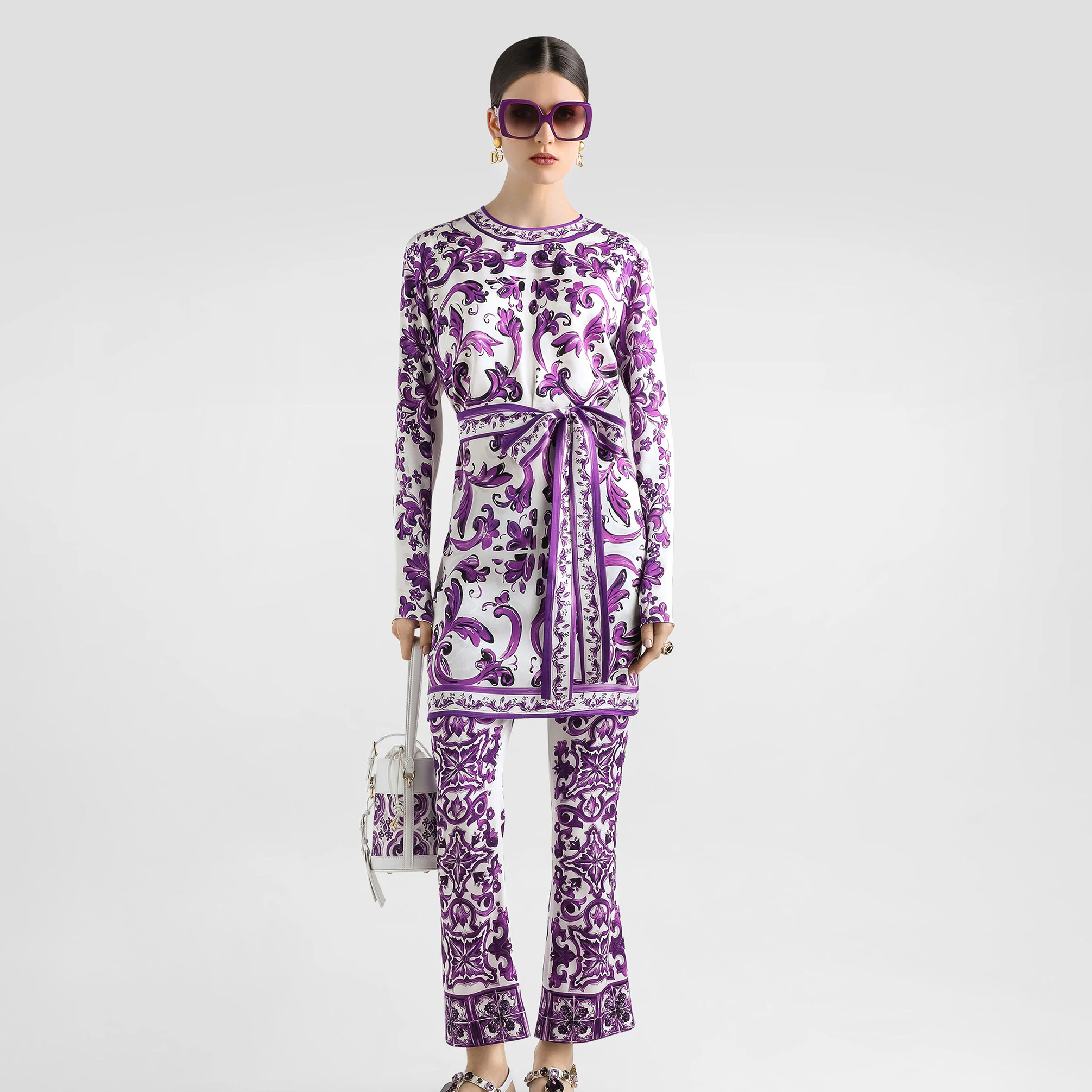 NIGO Dolce&Gabbana Women's Spring/Summer Majolica Printed Silk Round Neck Tie-Waist Charmeuse Dresses Casual Solid Color Long Pants Ngvp #nigo2151