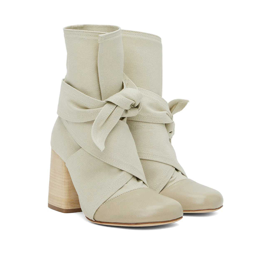 NIGO Lemaire Women's Canvas Leather High-Heeled Short Boots, Spring And Autumn Solid Color Bow Round Toe Lace-Up Thick Heel Casual Shoes Ngvp #nigo2147