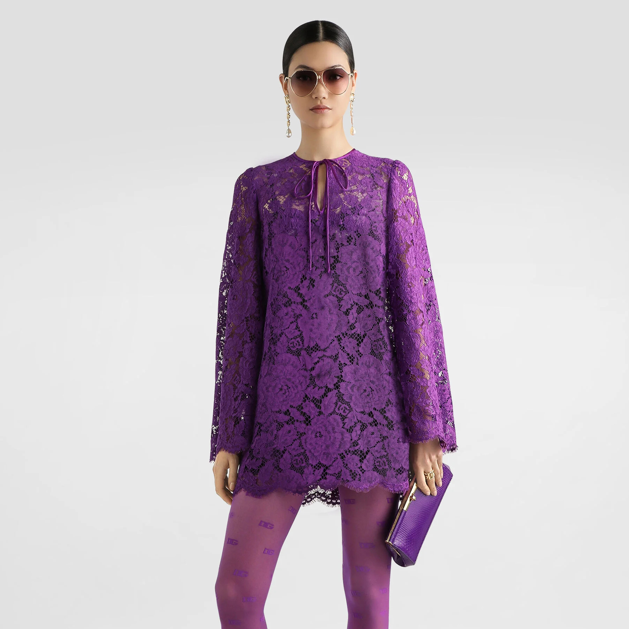 NIGO Dolce&Gabbana Women's Summer Cordonetto Lace Short Dresses Solid Color Tie Round Neck Long Sleeve Ngvp #nigo2148