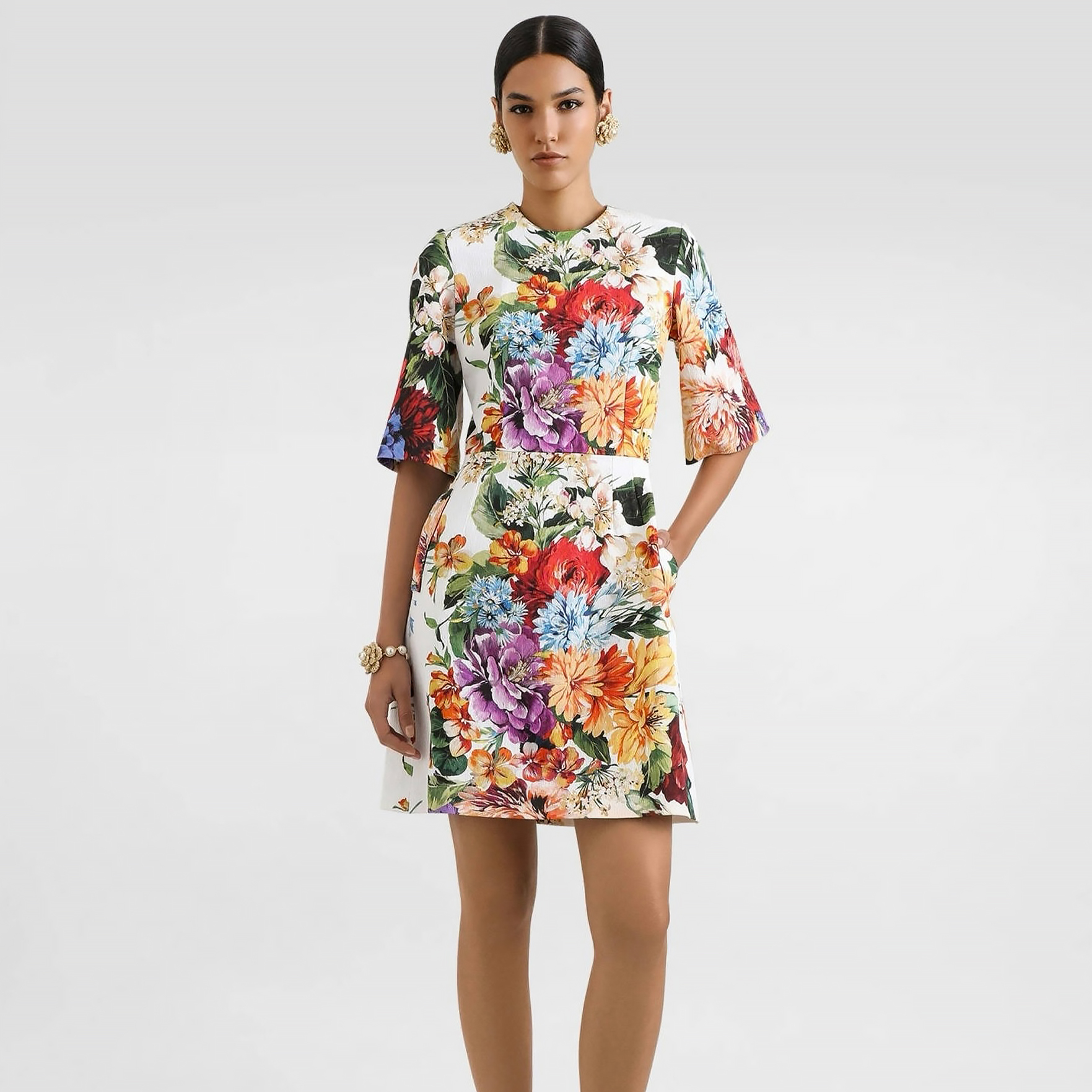 NIGO Dolce&Gabbana Women's Floral Print Summer Round Neck Solid Color Dress With Mid-Length Sleeves and A-Line Short Dresses Ngvp #nigo2149