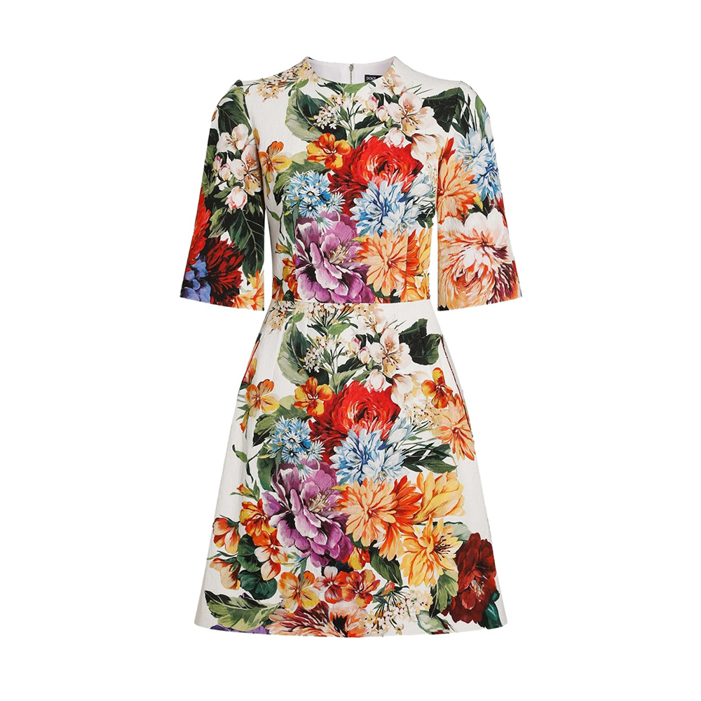 NIGO Dolce&Gabbana Women's Floral Print Summer Round Neck Solid Color Dress With Mid-Length Sleeves and A-Line Short Dresses Ngvp #nigo2149