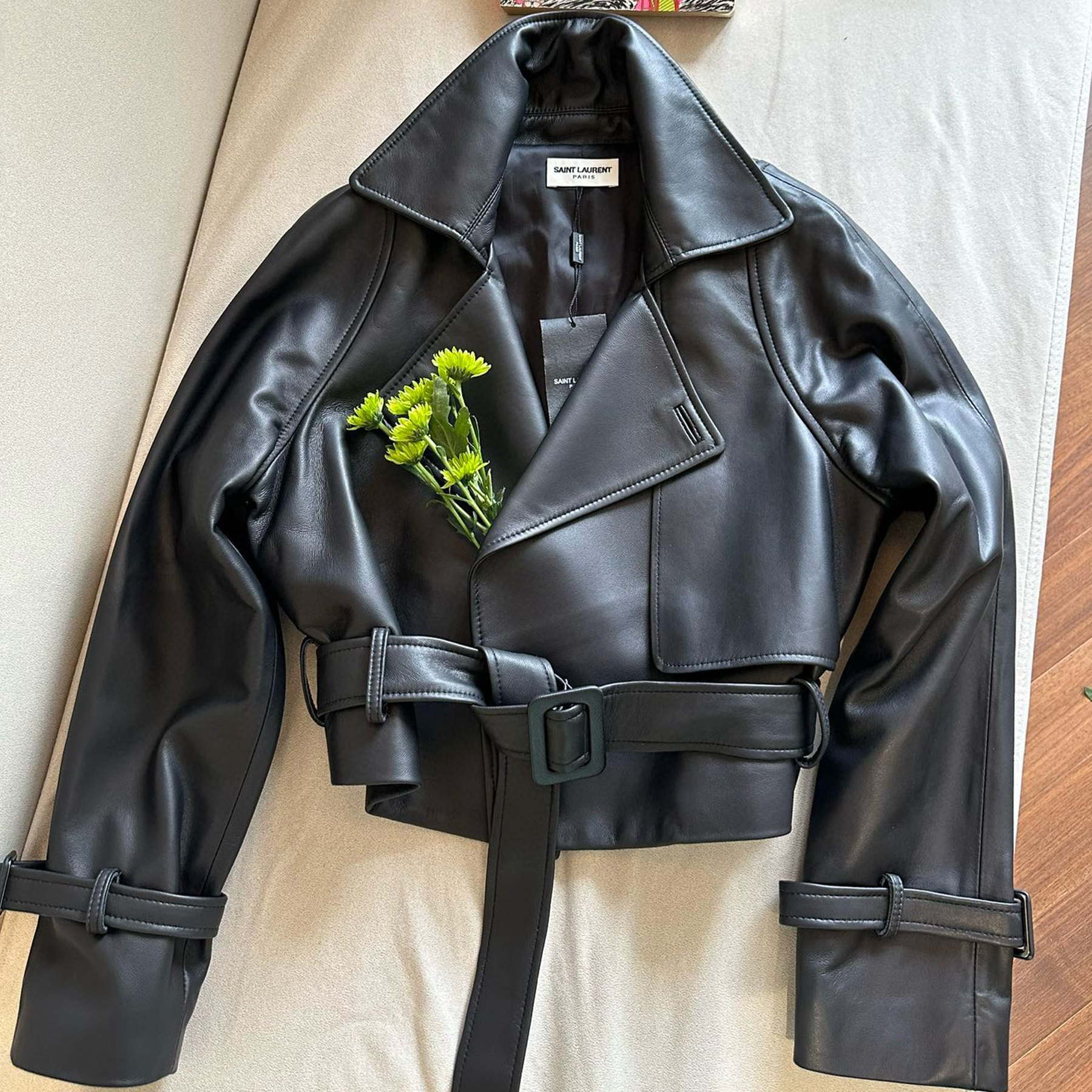 NIGO Saint Laurent Women's Fall And Winter Luxury Cashmere Face Leather High Street Design Belt Lapel Long Sleeve Elegant Fashion Leather Jacket Ngvp #nigo2231