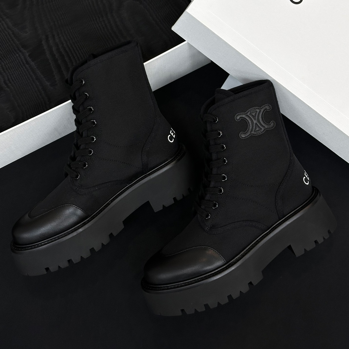 NIGO Celine Women's Spring/Fall Fashion Classic Nylon Glossy Leather Lace Up Thick Sole Martin Boots Short Boots Shoes #nigo78277