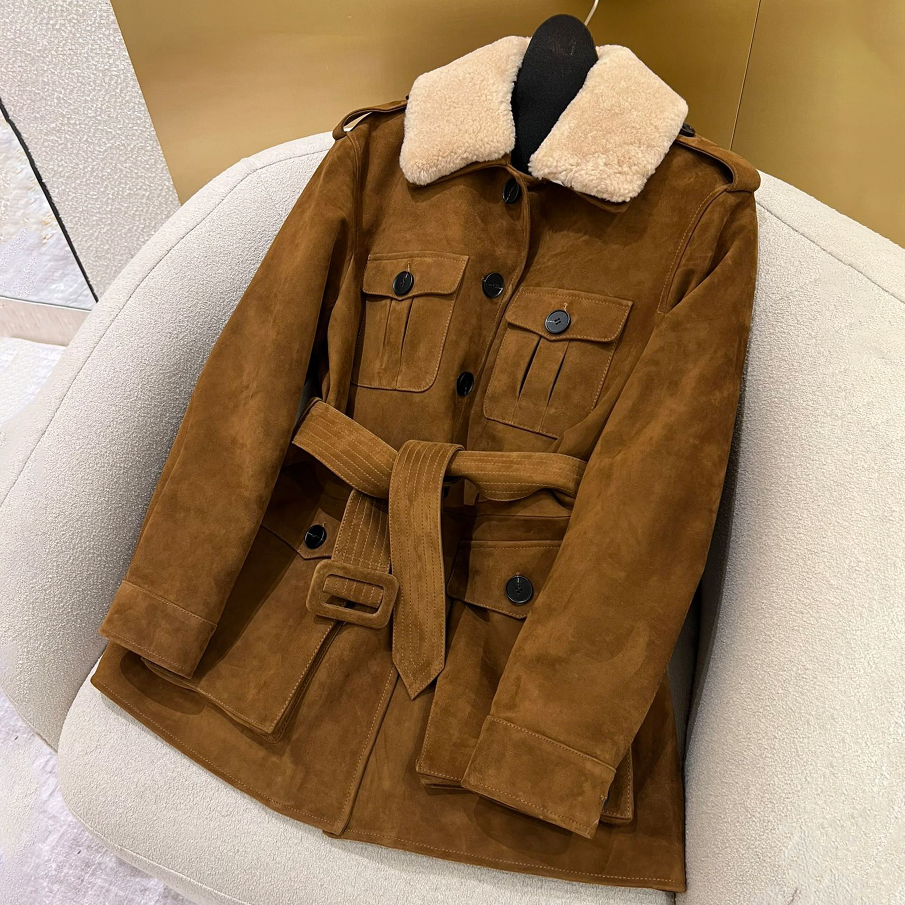 NIGO Saint Laurent Women's Fall And Winter Waisted Mid-length Suede Sheepskin Goose Down Jacket 100% South Africa Imported Mixed Suede Sheepskin Collar Lamb's Wool Removable Mid-length Jacket Ngvp #nigo2236