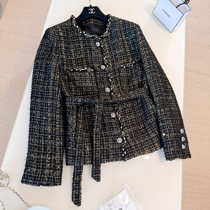 NIGO Chanel Women's Spring/Autumn Retro Black And Gold Rhinestone Flower Embroidery Shiny Twill Wool Blend Belted Long Sleeve Jacket Ngvp #nigo2154