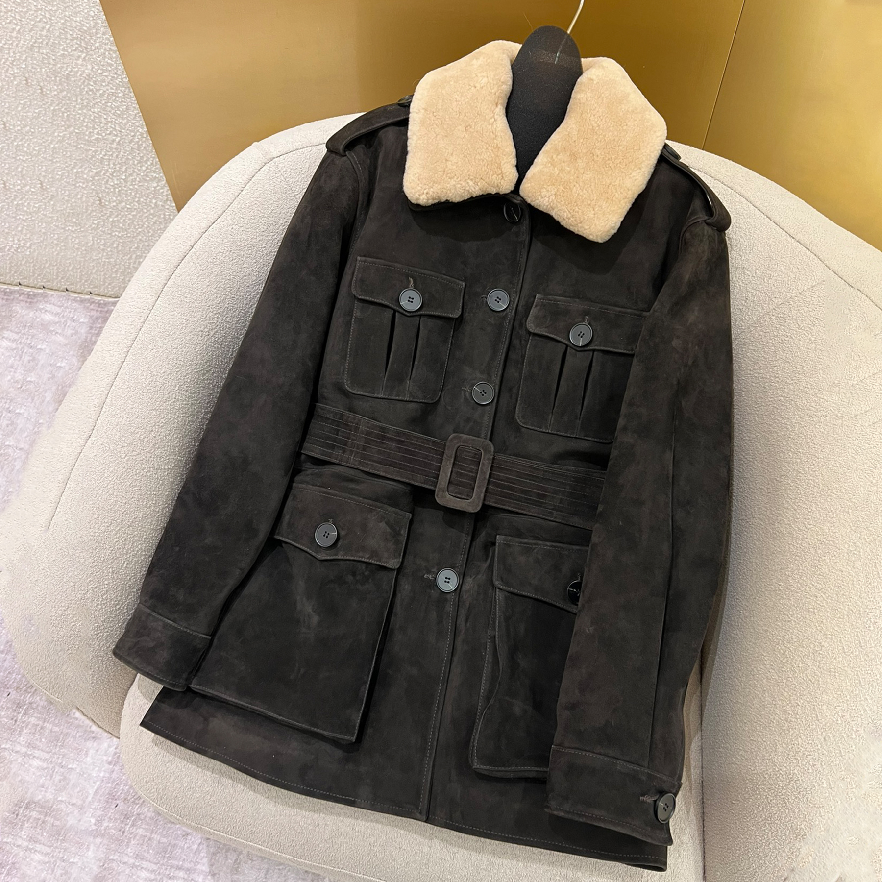NIGO Saint Laurent Women's Fall And Winter Waisted Mid-length Suede Sheepskin Goose Down Jacket 100% South Africa Imported Mixed Suede Sheepskin Collar Lamb's Wool Removable Mid-length Jacket Ngvp #nigo2236