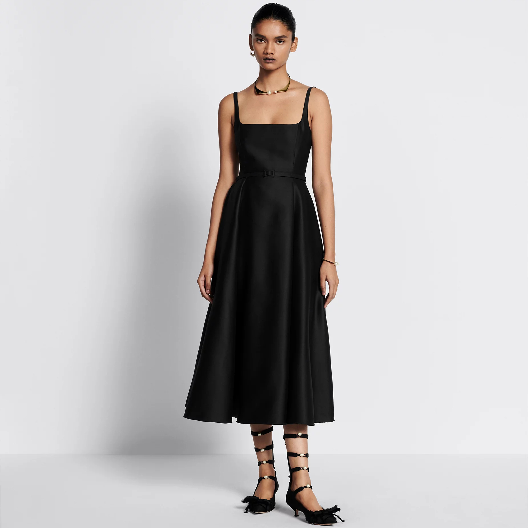 NIGO Dior Women's Spring/Summer Two-Tone Pearl Belt Flared High Street Solid Color Square Neck Mid-Length Halter Dresses Ngvp #nigo2157