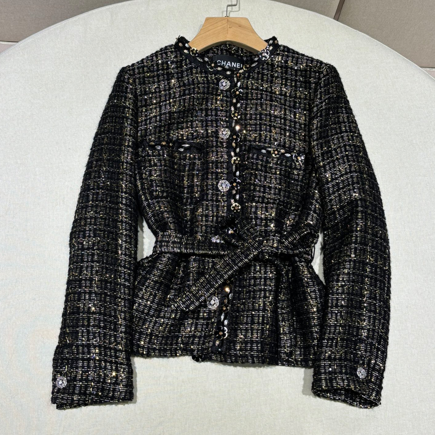 NIGO Chanel Women's Spring/autumn Vintage Suit Black And Gold Rhinestone Floral Embroidery Blend Belt Long Sleeve Jacket Pleated Halter Dress Vacation Set Ngvp #nigo2243