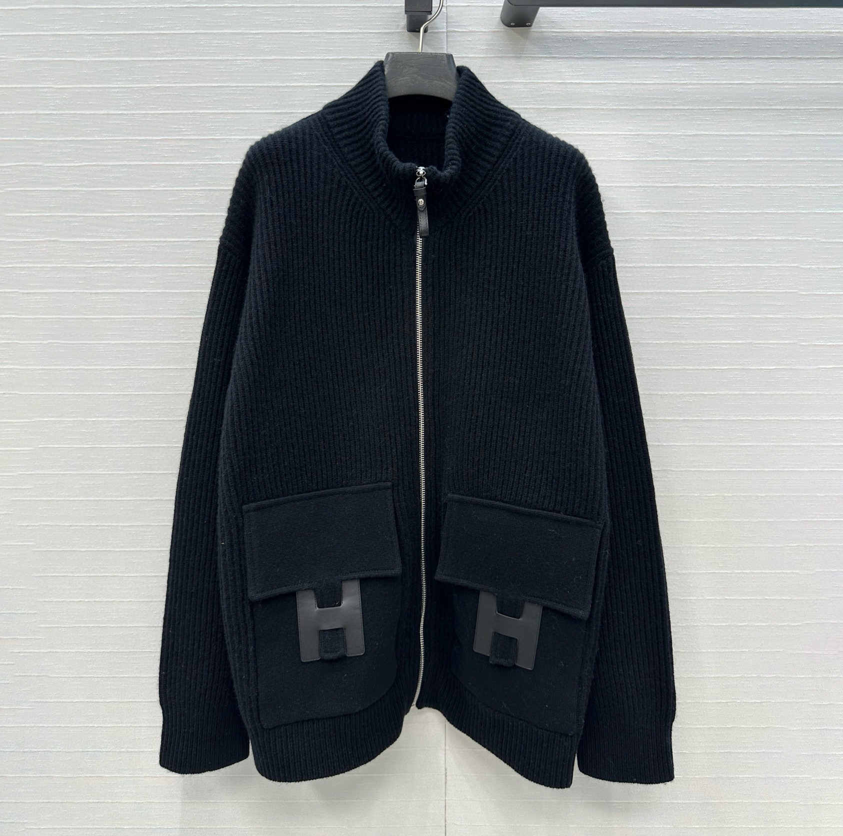 NIGO Hermes Women's Spring/summer Casual Fashion Solid Color Stand Up Collar Zipper Leather H-shaped Pocket Wool Knit Mid Length Coat Jacket #nigo78292