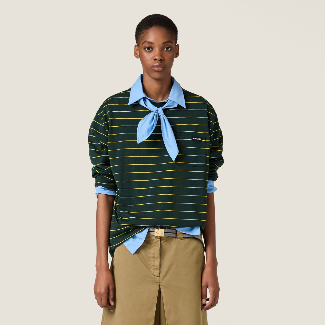 NIGO MiuMiu Women's Spring/Autumn Fashion Casual Cotton Plain Weave Knitted Striped Drop Shoulder Sleeve Round Neck Long Sleeve T-Shirt Top #nigo78299