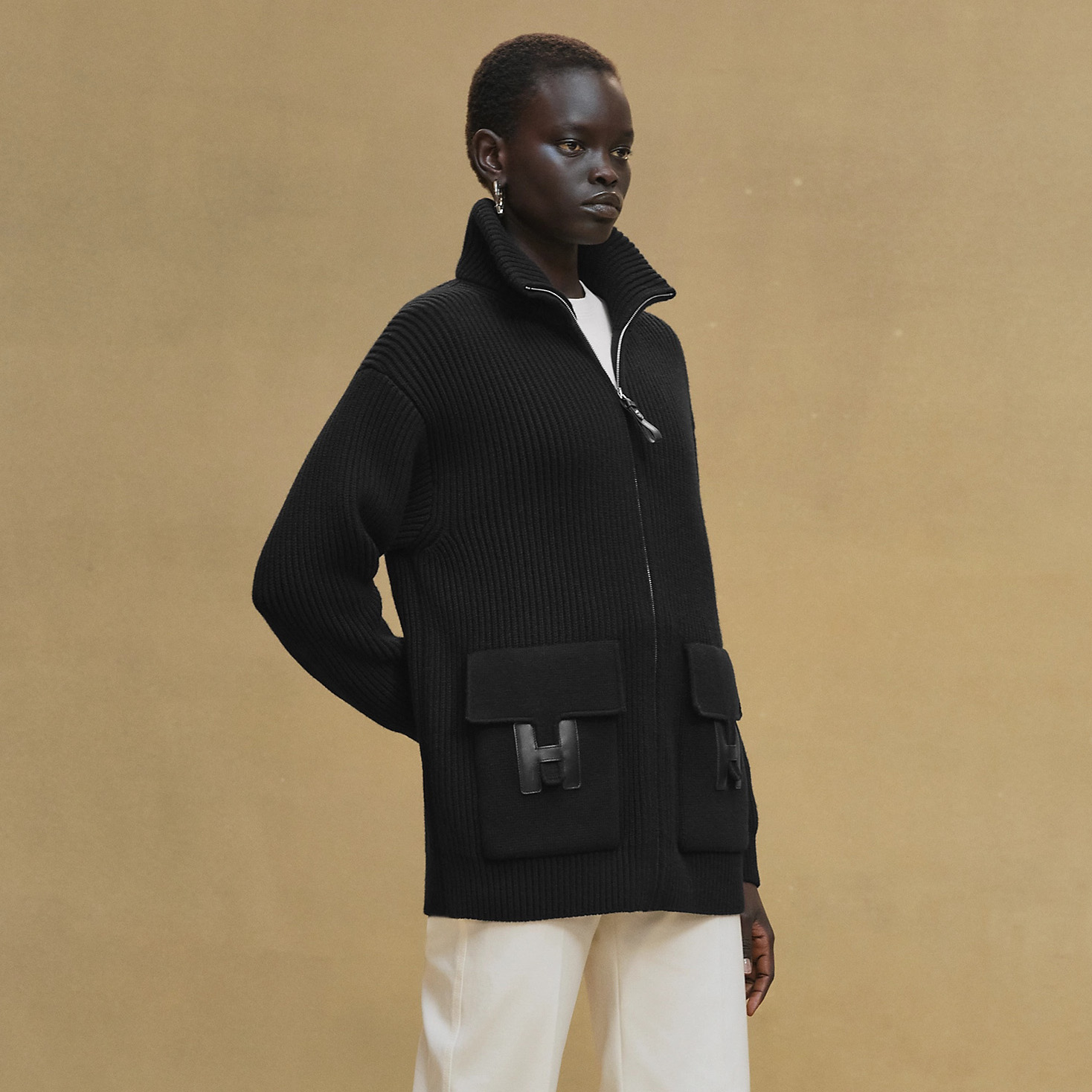 NIGO Hermes Women's Spring/summer Casual Fashion Solid Color Stand Up Collar Zipper Leather H-shaped Pocket Wool Knit Mid Length Coat Jacket #nigo78292