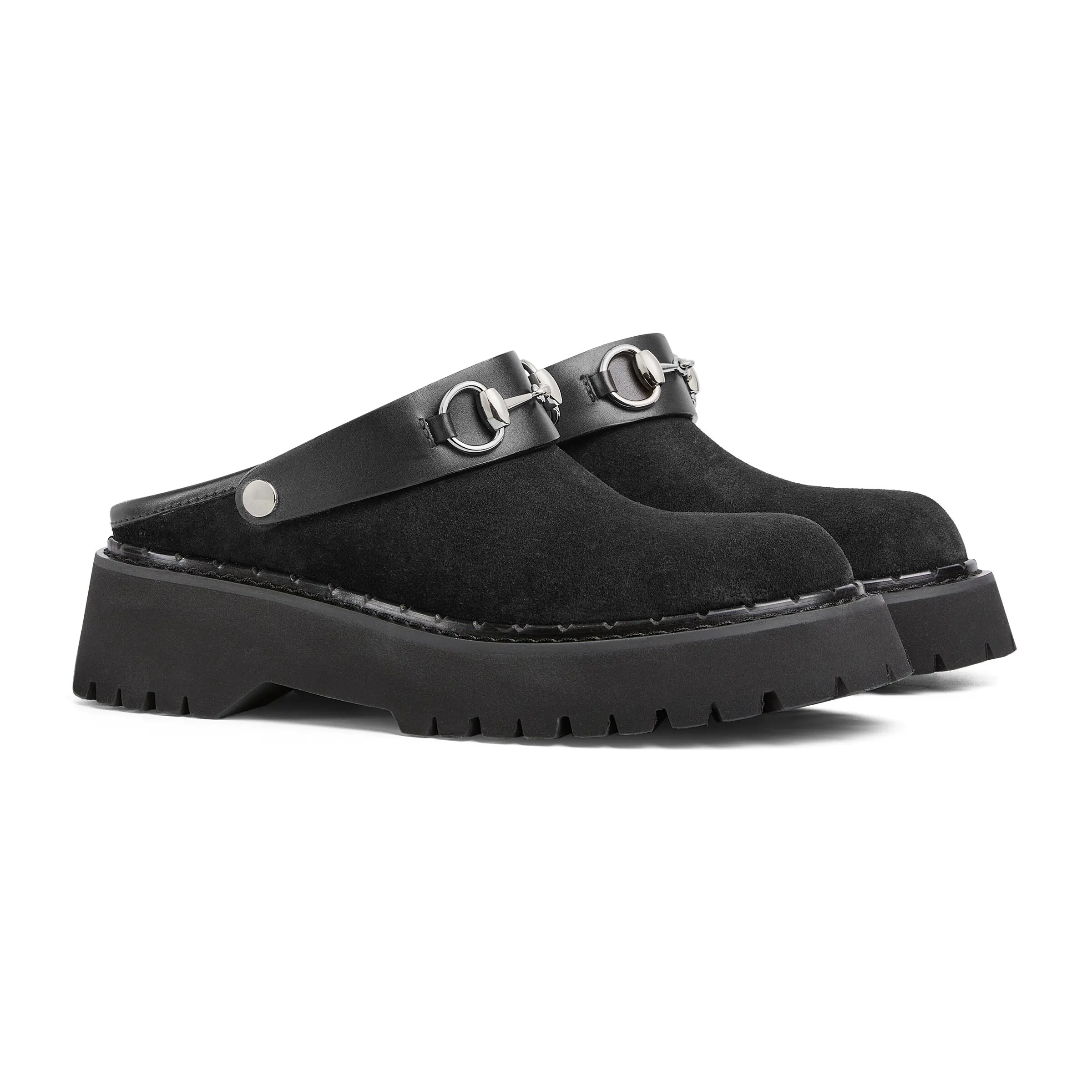 NIGO Gucci Women's Decorated Horsebit Buckle Mule Shoes Suede Leather Half Slippers Fashion Thick Bottom Height Increasing Shoes Heel Height:5cm  #nigo81434
