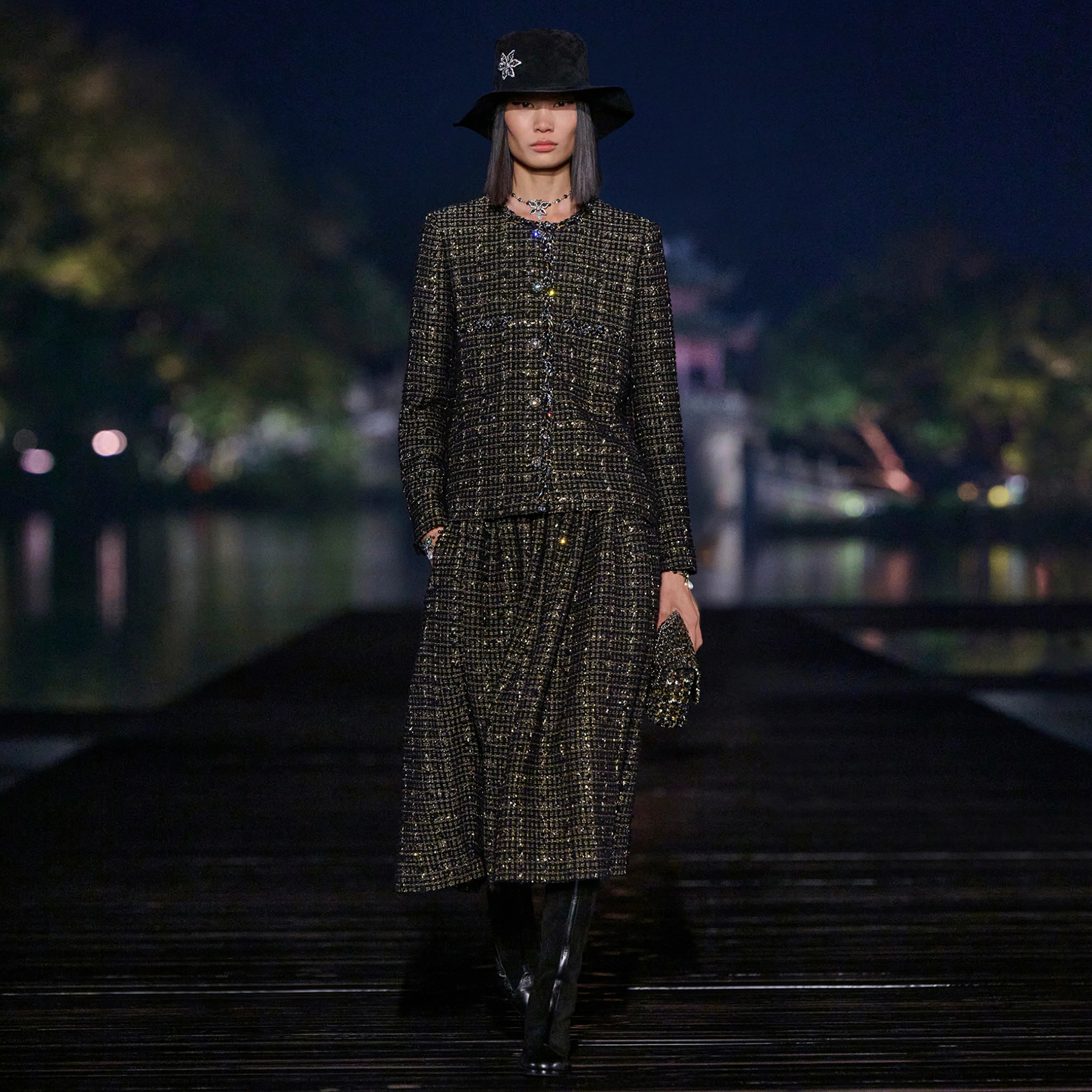 NIGO Chanel Women's Spring/autumn Vintage Suit Black And Gold Rhinestone Floral Embroidery Blend Belt Long Sleeve Jacket Pleated Halter Dress Vacation Set Ngvp #nigo2243