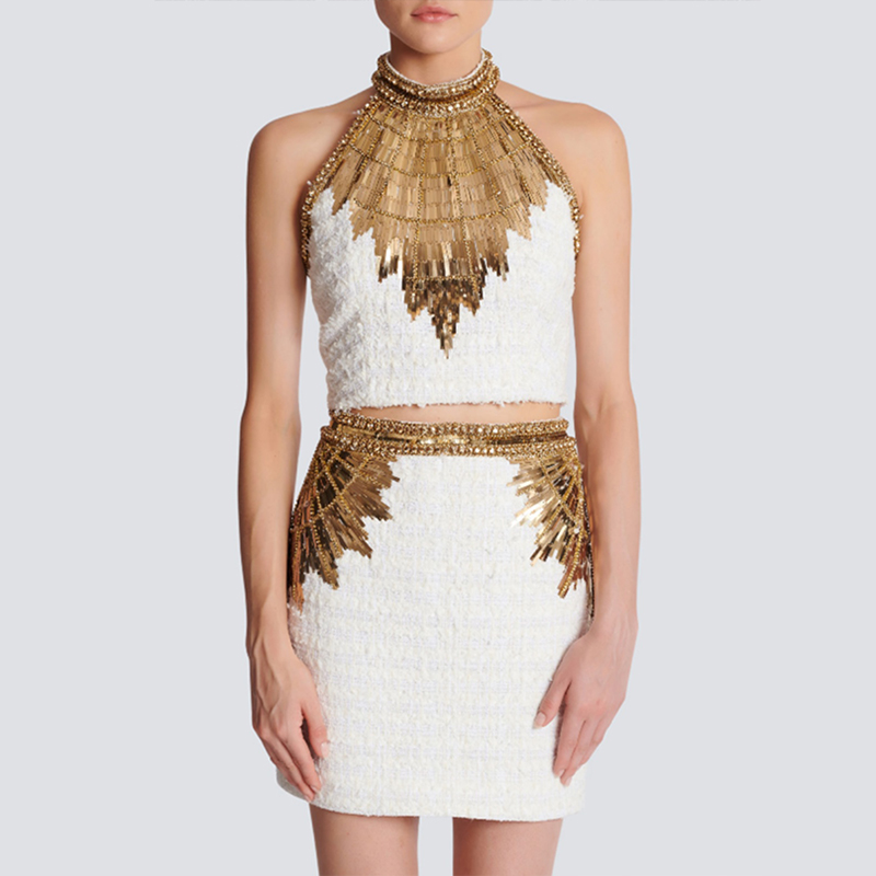 NIGO Balmain Women's Summer Color Block Beaded And Rhinestone-Embellished Short Halter Tank Top Casual High-Street Sequined High-Waisted Tweed Skirt Ngvp #nigo2262