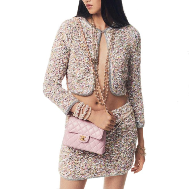 NIGO Chanel Women's Spring/Autumn Round Neck Rhinestone Trim Color Block Long Sleeve Cardigan Jacket Casual Tweed Stretch Skirt Ngvp #nigo2274