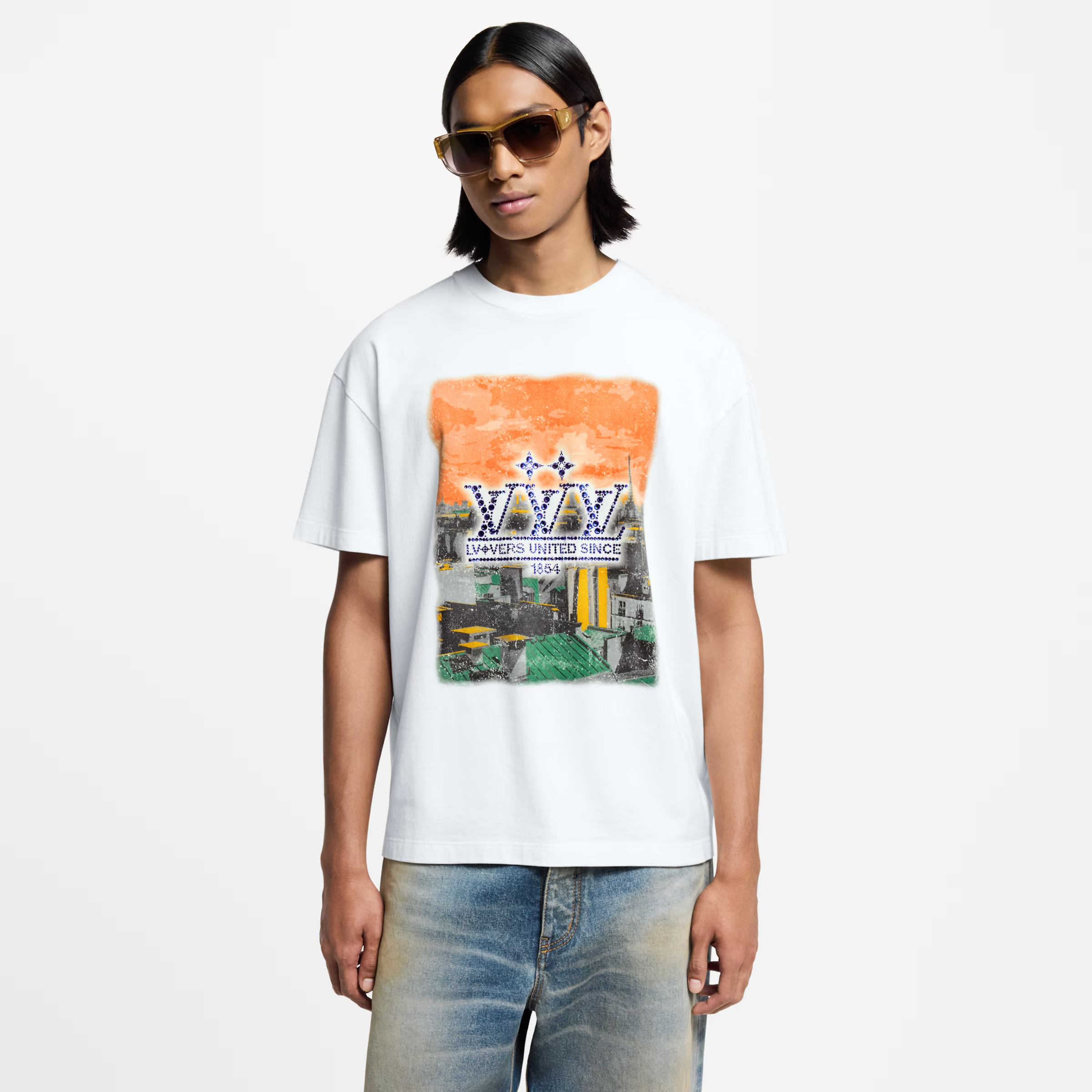 NIGO Louis Vuitton Men's Summer High Street Rhinestone Printed Solid Color Round Neck Cotton Straight Short Sleeve T-Shirt #nigo81481