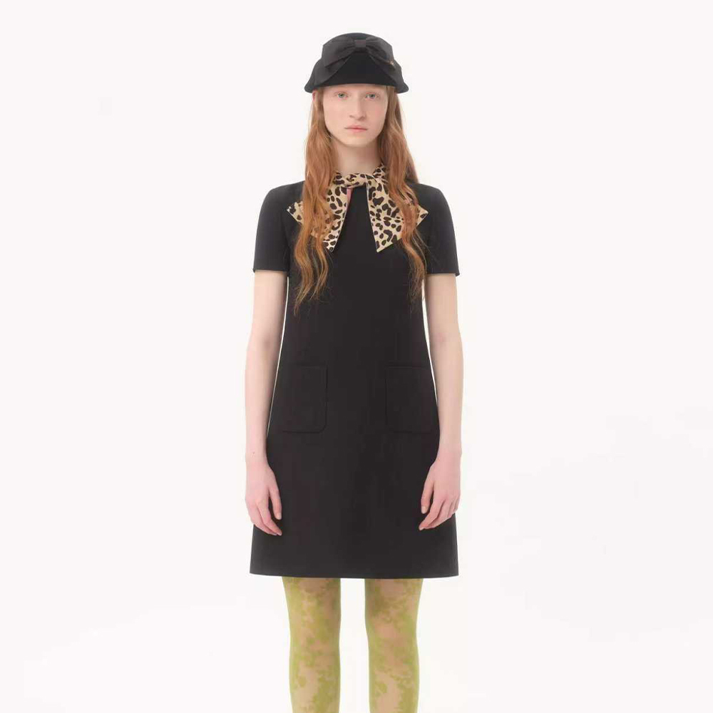 NIGO Valentino Women's Leopard Print Bow Rhinestone Buckle Silk And Wool Summer Solid Color Crepe Couture Short Dresses Ngvp #nigo2279