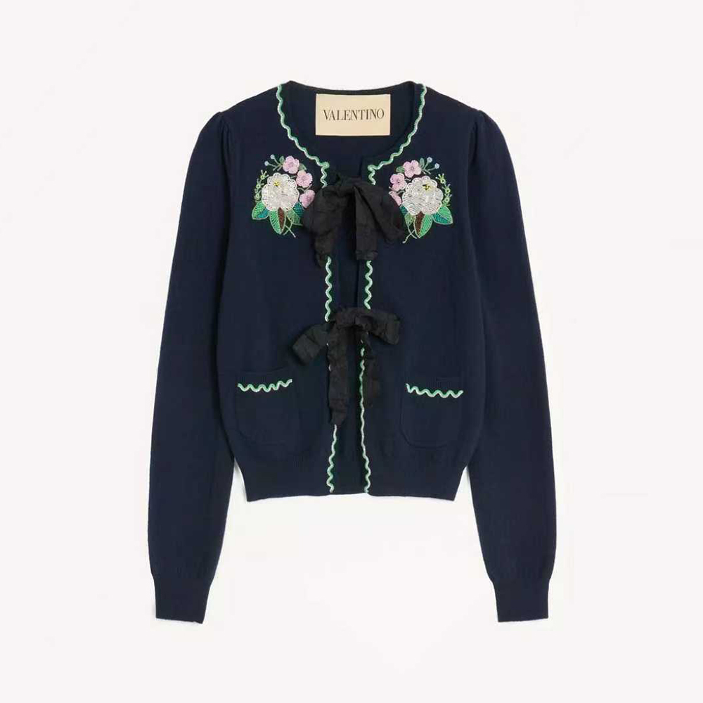 NIGO Valentino Women's Floral Beaded Embroidered Bow Wool Autumn And Winter Solid Color Round Neck Long Sleeve Sweater Cardigan Ngvp #nigo2281
