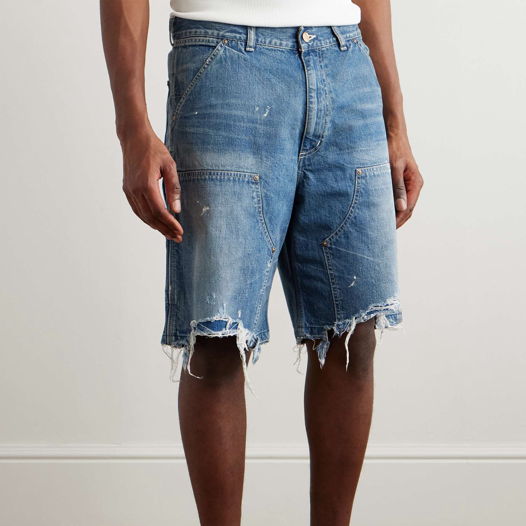 NIGO Saint Michael Men's And Women's Summer Distressed Vintage Loose-Fit Denim Shorts Solid Color Straight Leg Splash Print Hem Ripped Shorts Ngvp #nigo2275