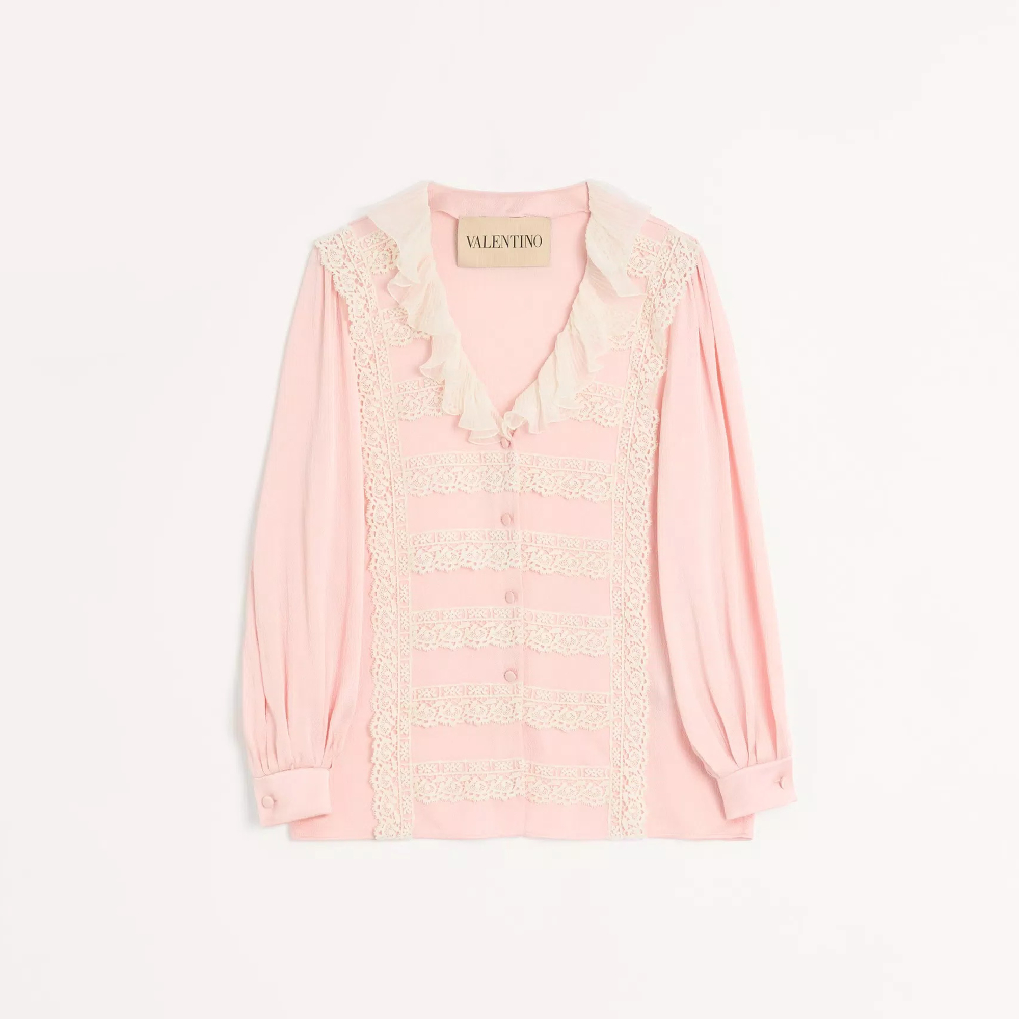 NIGO Valentino Women's Spring/Summer/Fall V-neck Color-block Lace Trim Silk Bubble Sleeve Hammered Satin Shirt Ngvp #nigo2278