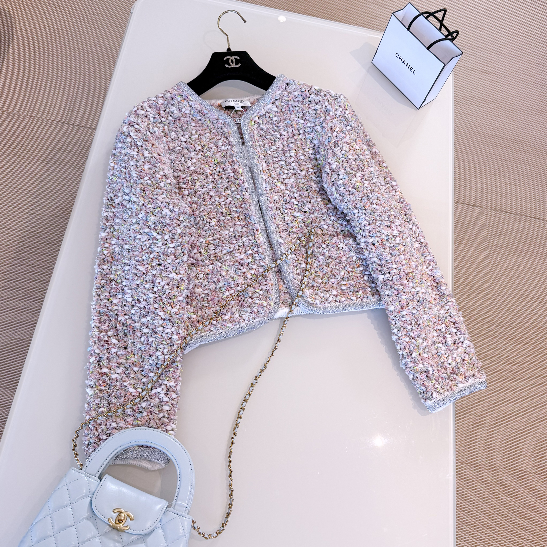 NIGO Chanel Women's Spring/Autumn Round Neck Rhinestone Trim Color Block Long Sleeve Cardigan Jacket Casual Tweed Stretch Skirt Ngvp #nigo2274