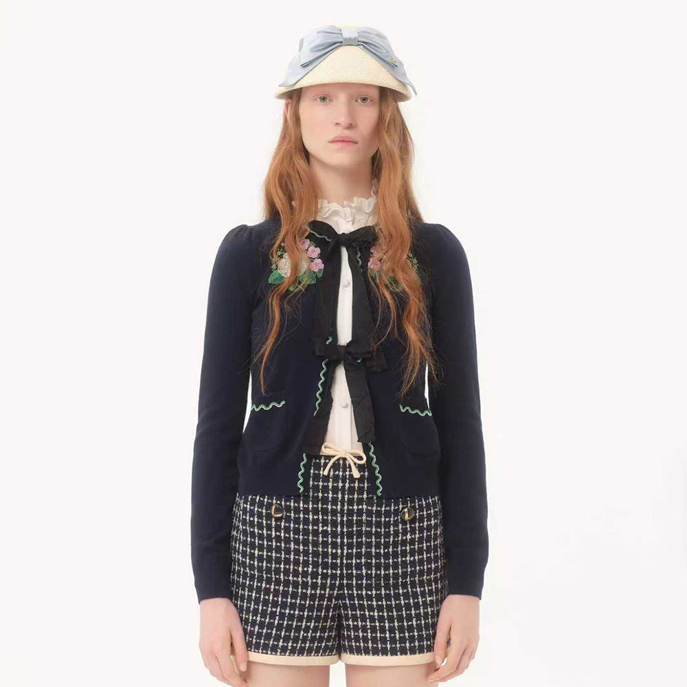 NIGO Valentino Women's Floral Beaded Embroidered Bow Wool Autumn And Winter Solid Color Round Neck Long Sleeve Sweater Cardigan Ngvp #nigo2281