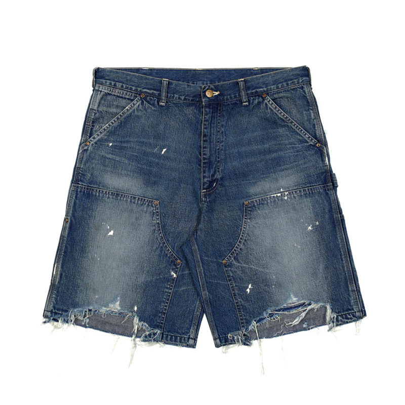 NIGO Saint Michael Men's And Women's Summer Distressed Vintage Loose-Fit Denim Shorts Solid Color Straight Leg Splash Print Hem Ripped Shorts Ngvp #nigo2275