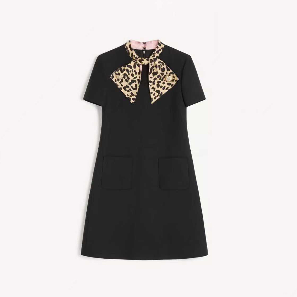 NIGO Valentino Women's Leopard Print Bow Rhinestone Buckle Silk And Wool Summer Solid Color Crepe Couture Short Dresses Ngvp #nigo2279