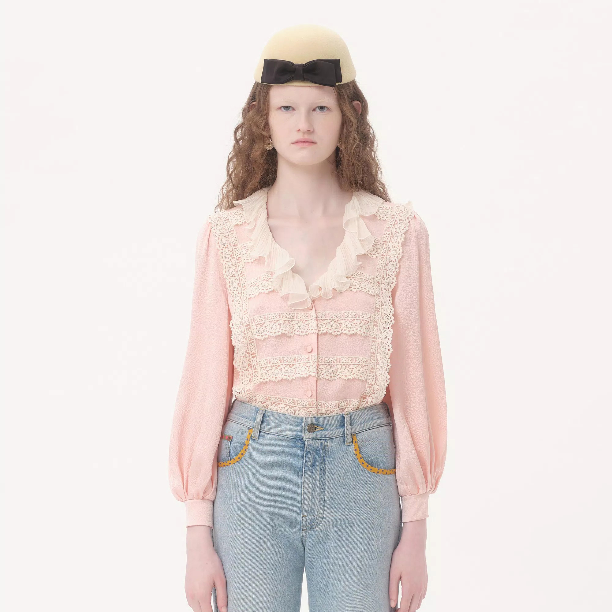 NIGO Valentino Women's Spring/Summer/Fall V-neck Color-block Lace Trim Silk Bubble Sleeve Hammered Satin Shirt Ngvp #nigo2278