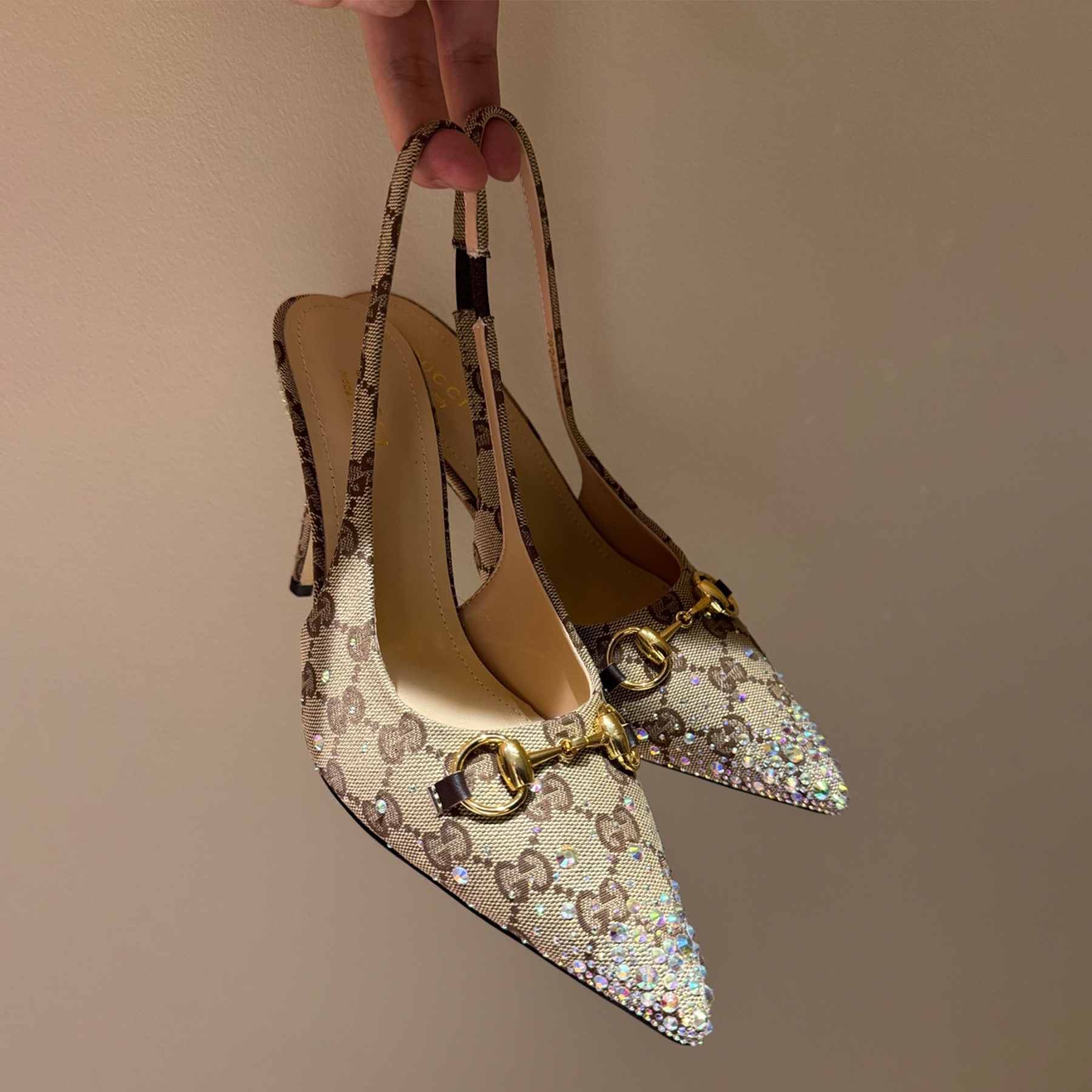 NIGO GUCCI Crystal-embellished Horsebit Buckle Women's Back-tie Low-cut Shoes Women's Spring/summer GG Canvas Crystal High-heel Shoes Elegant Luxurious Heel Height: 10cm #nigo81437