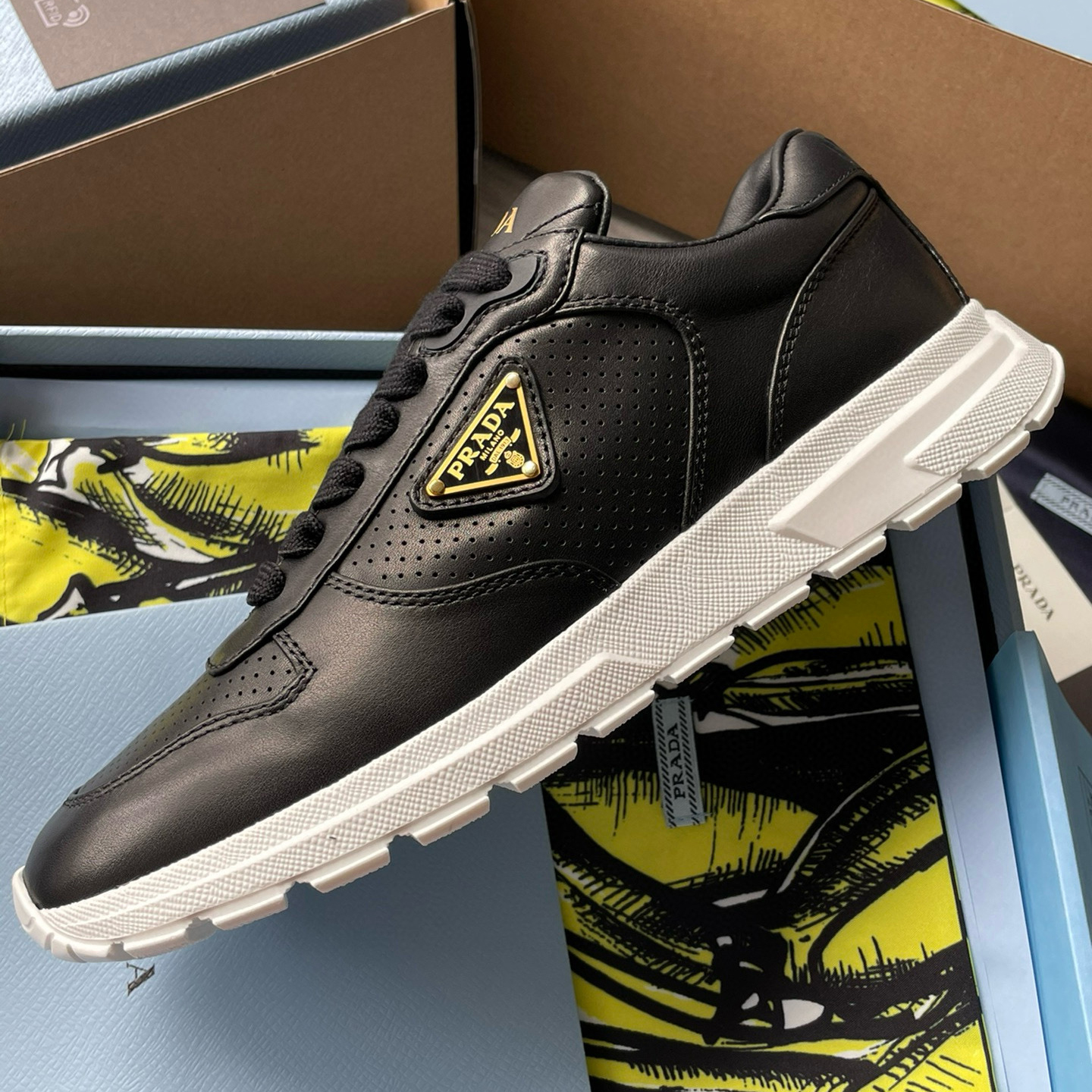 NIGO Prada Men's And Women's Spring/Summer Fashion Casual Round Toe Lace Up Enamel Triangle Metal Logo Leather Low Top Casual Sneakers  Shoes #nigo78337