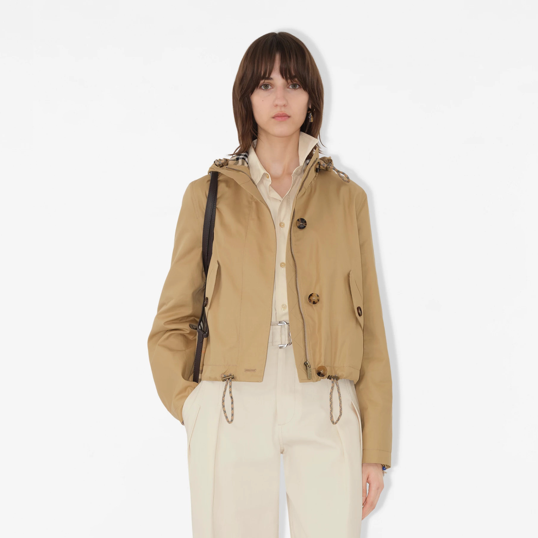 NIGO Burberry Women's Spring/Summer Casual Fashion Solid Color Hooded Zipper Checkered Cotton Fabric Waist Cinching Design Short Jacket #nigo78341