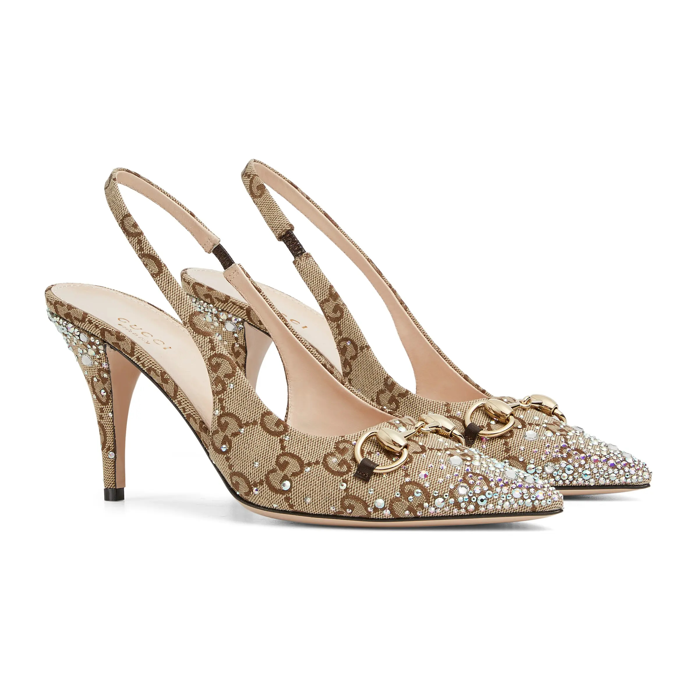 NIGO GUCCI Crystal-embellished Horsebit Buckle Women's Back-tie Low-cut Shoes Women's Spring/summer GG Canvas Crystal High-heel Shoes Elegant Luxurious Heel Height: 10cm #nigo81437